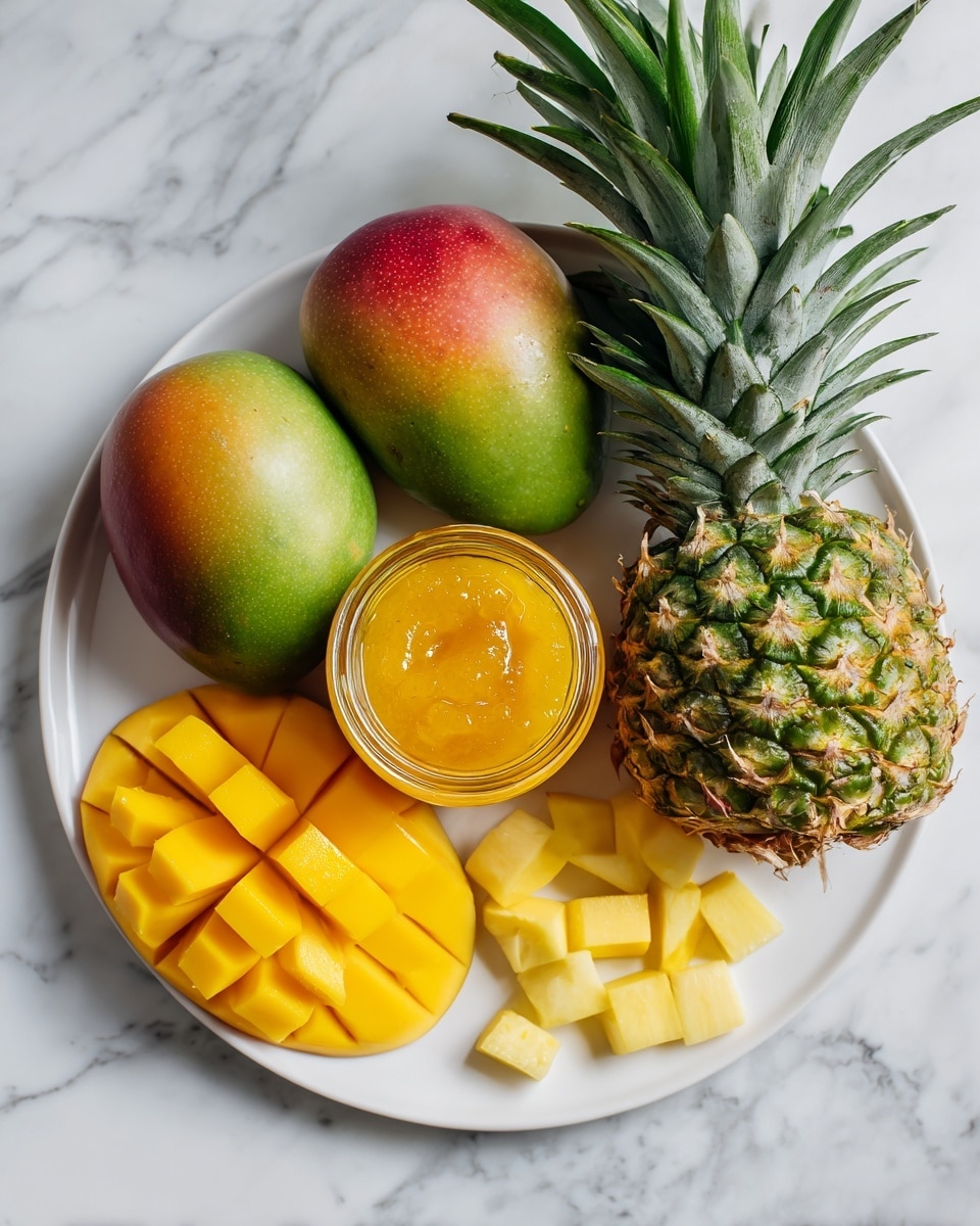 The image shows a white plate holding three whole mangoes with a mix of green, yellow, and red colors, and a small jar of thick, golden-yellow jam in the middle. On the right side of the plate is a large pineapple cut in half, showing its bright yellow inside and green spiky leaves extending outward. In front of the plate, there are two mango halves scored into small squares with bright orange-yellow flesh. Small yellow pineapple cubes are scattered close to the mango halves. The items are all placed on a smooth white marbled surface. photo taken with an iphone --ar 4:5 --v 7