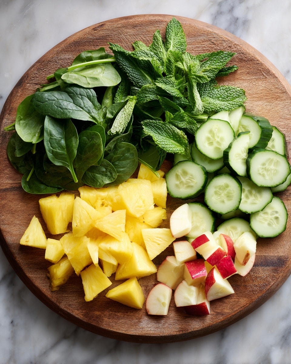 A round wooden board displays a fresh mix of chopped fruits and vegetables arranged in four clear sections: on the left, dark green spinach leaves with a soft texture; next to it, bright yellow pineapple chunks with a juicy look; on the right side, slices of green cucumber showing light seeds in the middle; and at the bottom right, small red and white apple pieces with smooth skin. Fresh mint leaves with a textured surface sit above the pineapple and cucumber sections. The board rests on a white marbled surface. photo taken with an iphone --ar 4:5 --v 7