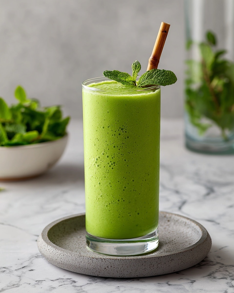 A tall clear glass is filled with a bright green smoothie that has a thick, smooth texture and small bubbles on top, showing freshness. The drink is garnished with a small sprig of fresh mint leaves placed near the rim, next to a brown bamboo straw standing upright. The glass sits on a round grey tray, set on a white marbled surface. In the blurred background, there is a white bowl filled with more fresh green mint leaves and a tall glass also containing green smoothie. Photo taken with an iphone --ar 4:5 --v 7