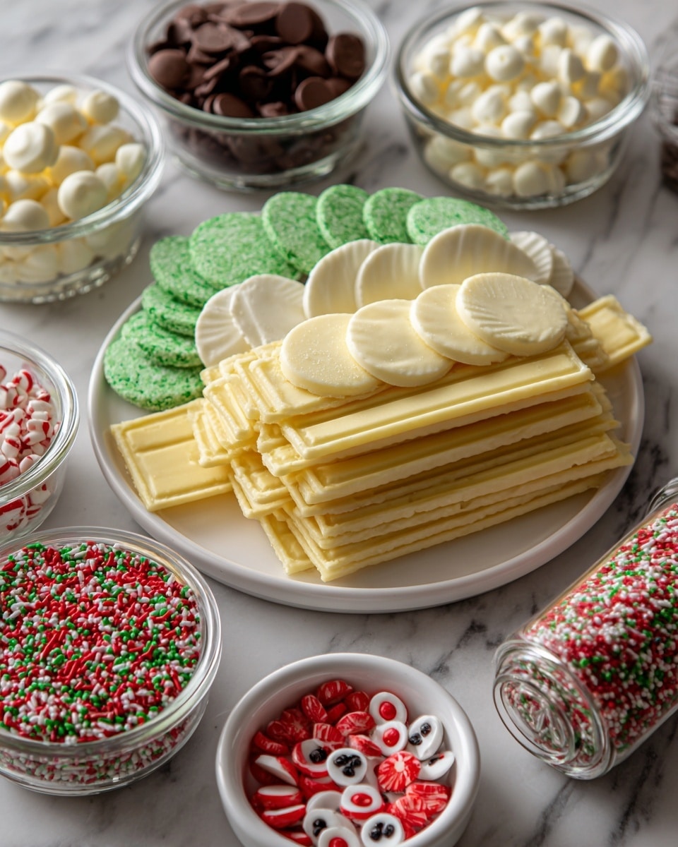 The image shows a white plate with eight rectangular light yellow wafer cookies stacked slightly unevenly in the center. Around the plate are four clear glass bowls and two clear plastic jars. The glass bowls contain white round wafers, dark brown chocolate discs, green round wafers with a frosted look, and crushed red and white candy pieces. The plastic jars, lying on their sides, hold colorful sprinkles in holiday colors: one with red, white, and green long sprinkles and the other with tiny red, white, and green round sprinkles. A small white bowl holds red, white, and black candy eyes. All items are set on a white marbled surface. Photo taken with an iphone --ar 4:5 --v 7