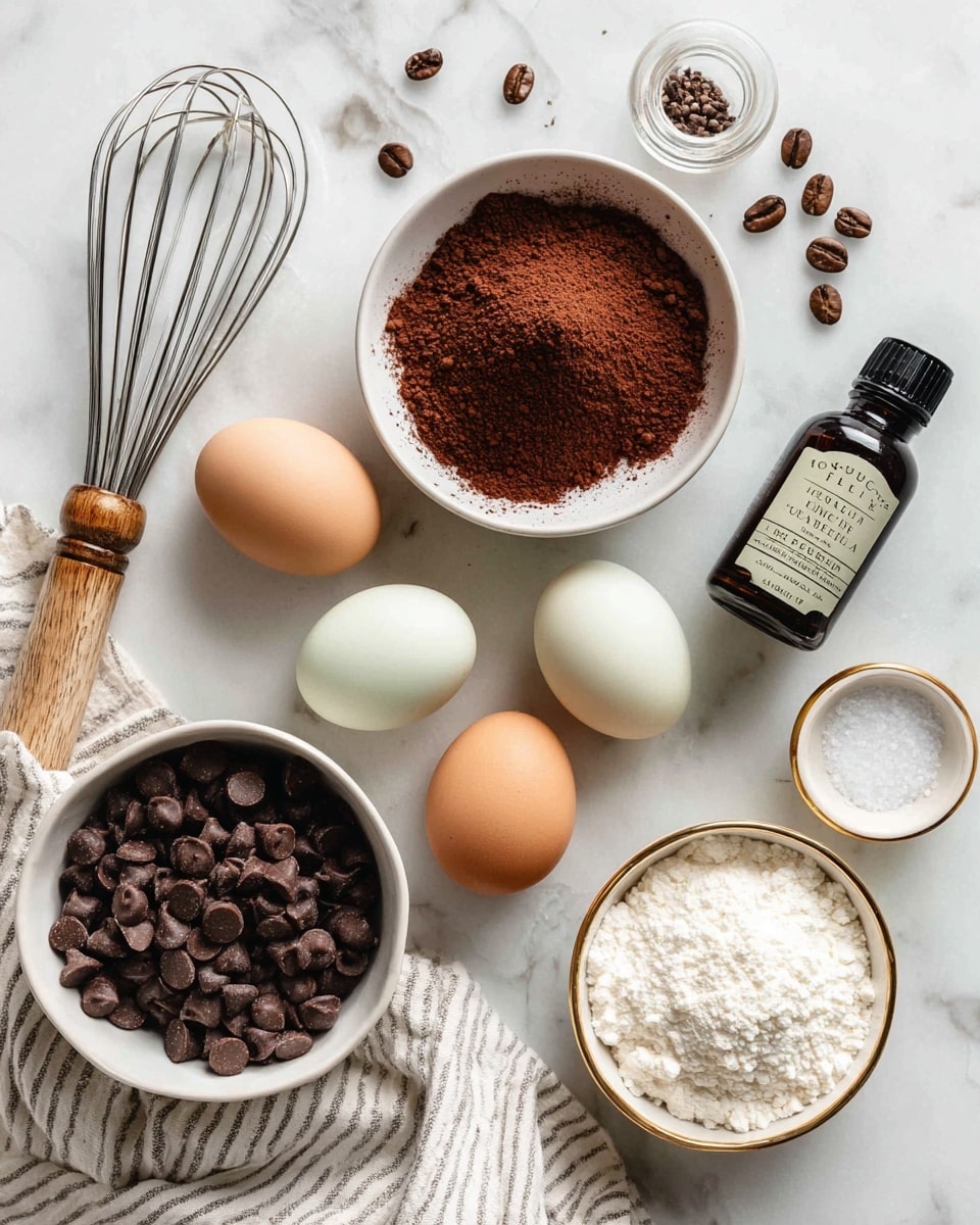 The image shows a white marbled surface with a mix of baking ingredients neatly arranged. There is a small white bowl filled with cocoa powder near the center, a bottle of vanilla extract with a dark brown label to the right, and a small pile of white granulated sugar in a white bowl with a gold rim on the bottom right. Below the cocoa bowl, three different colored eggs—a light brown, an off-white, and a darker brown—are placed next to each other. On the lower left, a white bowl is filled with chocolate chips, next to a metal whisk with a wooden handle resting on a white striped cloth. Scattered around the bowls are whole coffee beans and some salt in a small clear glass shaker toward the upper center. All items are placed carefully to create a tidy and inviting baking scene. photo taken with an iphone --ar 4:5 --v 7