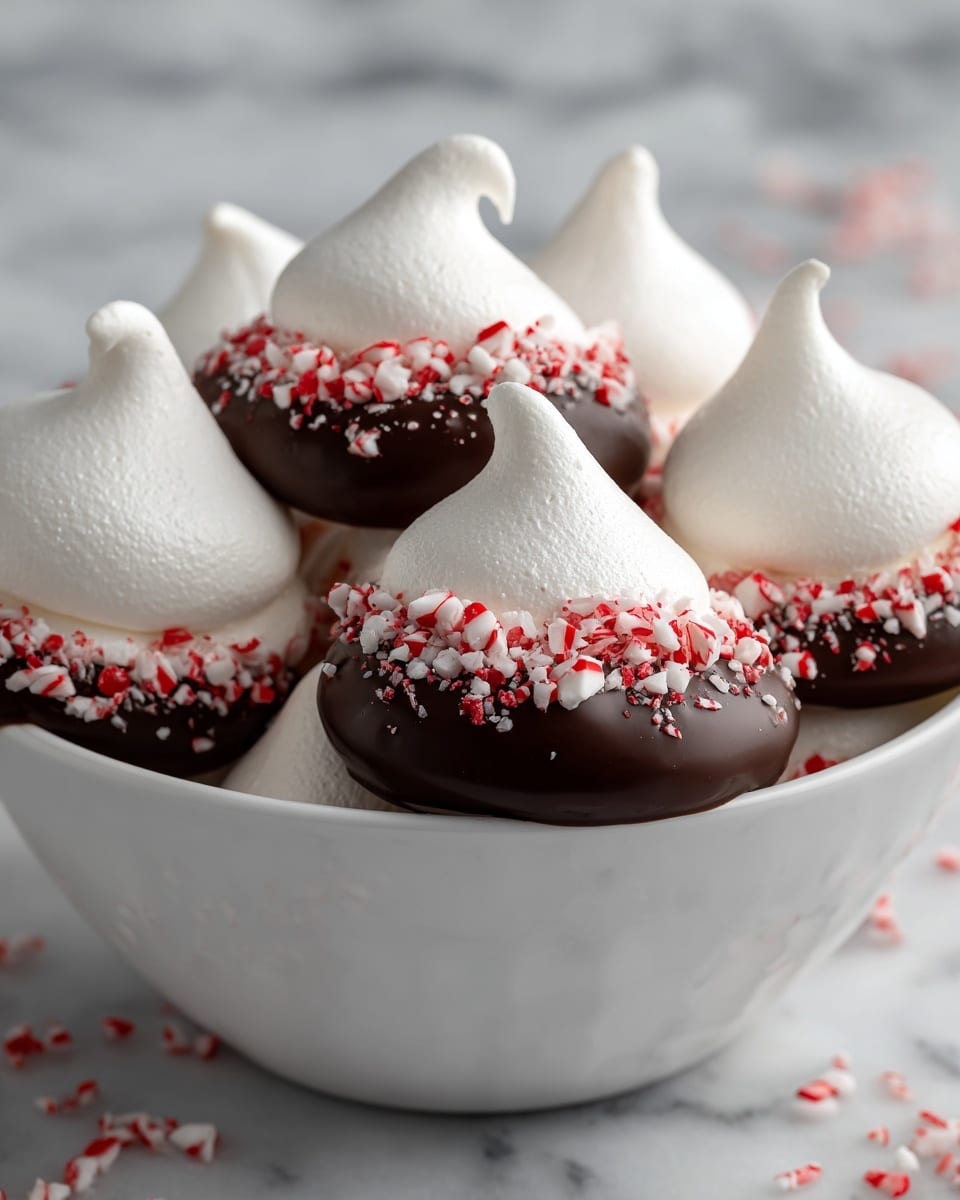 The image shows a white bowl filled with several white meringue cookies, each with a pointed top. The base of each meringue is dipped in dark chocolate, which forms a smooth layer around the bottom half. Around the chocolate, there is a layer of small red and white crushed peppermint candy pieces that add a rough texture and festive color contrast. The bowl is placed on a white marbled surface, and the background is softly blurred, keeping the focus on the meringues. Photo taken with an iphone --ar 4:5 --v 7
