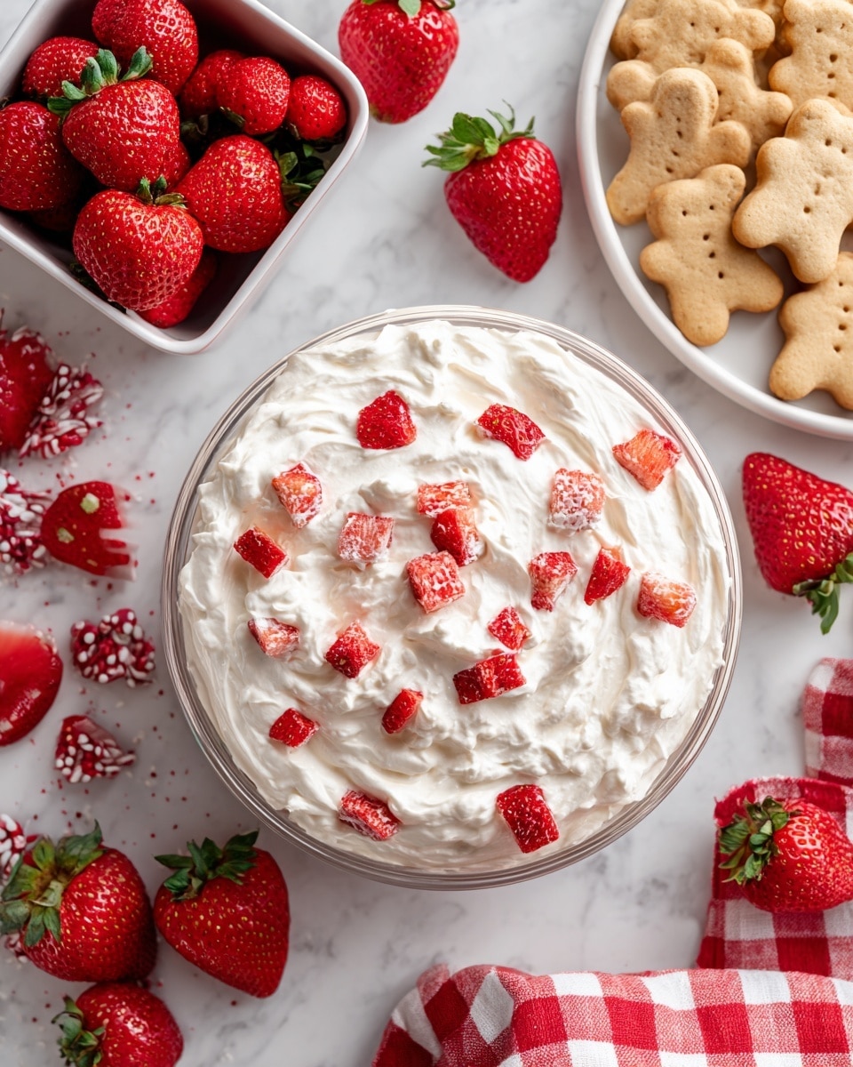 The image shows a clear bowl in the middle filled with creamy white whipped topping mixed with small, bright red chopped strawberries. Around the bowl, there are whole fresh strawberries scattered on the white marbled surface. A white square bowl filled with shiny red strawberries is on the left side of the bowl. On the upper right, there is a white round plate full of teddy bear-shaped and round light brown cookies. A woman's hand holding a red and white checkered cloth is touching the left side of the image. The entire scene is set on a clean white marbled background. photo taken with an iphone --ar 4:5 --v 7