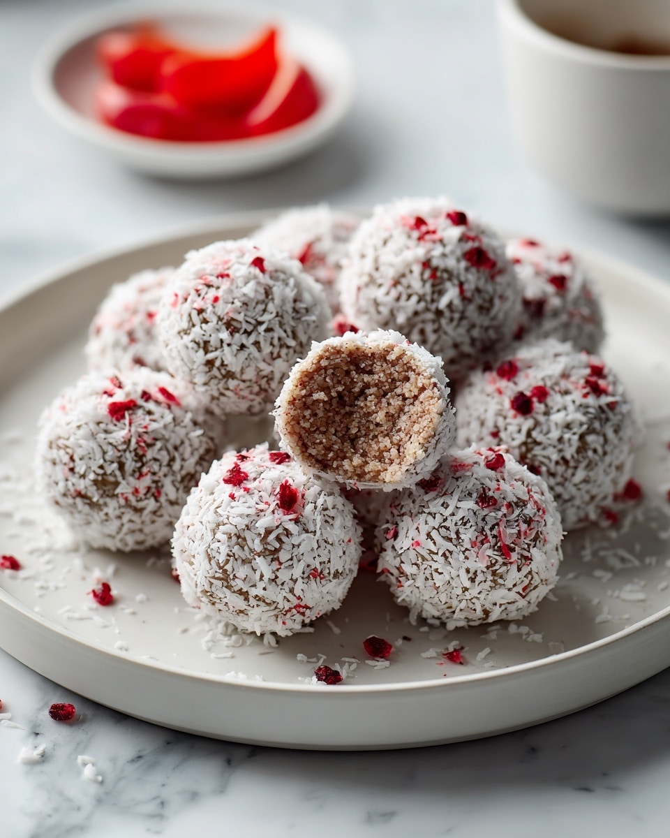 The image shows a white round plate holding nine round balls that look like energy bites or dessert balls. Each ball is covered with white shredded coconut and small red bits, giving a rough texture on the outside. One ball near the center is half eaten, showing a brown inside that looks smooth and dense. The balls vary slightly in size but are all similar in shape. The plate sits on a white marbled surface, and in the background, there is an out-of-focus small white bowl with bright red slices. photo taken with an iphone --ar 4:5 --v 7