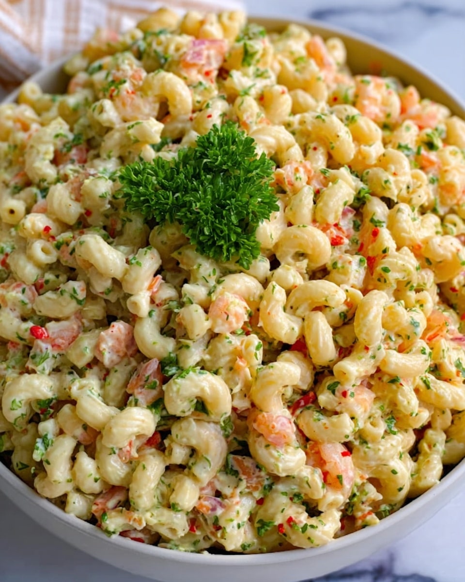 A close-up of a white bowl filled with a three-layered pasta salad. The bottom layer has creamy, yellow macaroni shaped like small tubes. The middle layer includes small pieces of pink shrimp mixed evenly throughout. The top layer is sprinkled with small green herbs and tiny bits of red pepper. In the center, a small bunch of fresh green parsley sits as decoration. The bowl is placed on a white marbled surface. Photo taken with an iphone --ar 4:5 --v 7