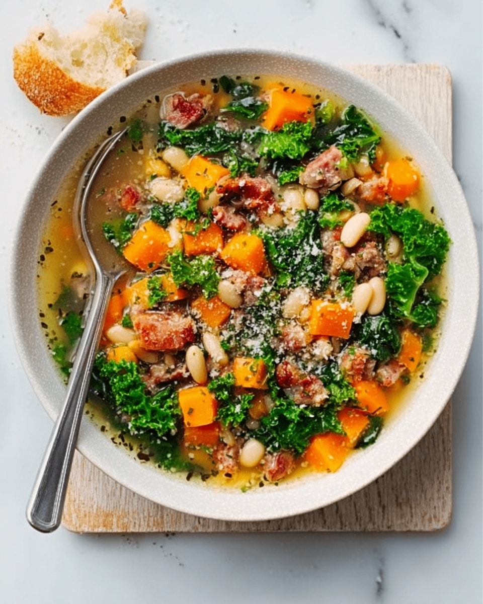 A white bowl filled with a colorful soup sits on a white marbled surface. The soup has many layers and colors: bright orange cubes of vegetables, chopped green leafy kale, small white beans, and pieces of a reddish-brown meat scattered evenly. The liquid broth is clear and light, pooling around the solid ingredients. A silver spoon rests inside the bowl on the left side. There are small pieces of torn bread and some leafy kale on the white marbled background around the bowl. photo taken with an iphone --ar 4:5 --v 7