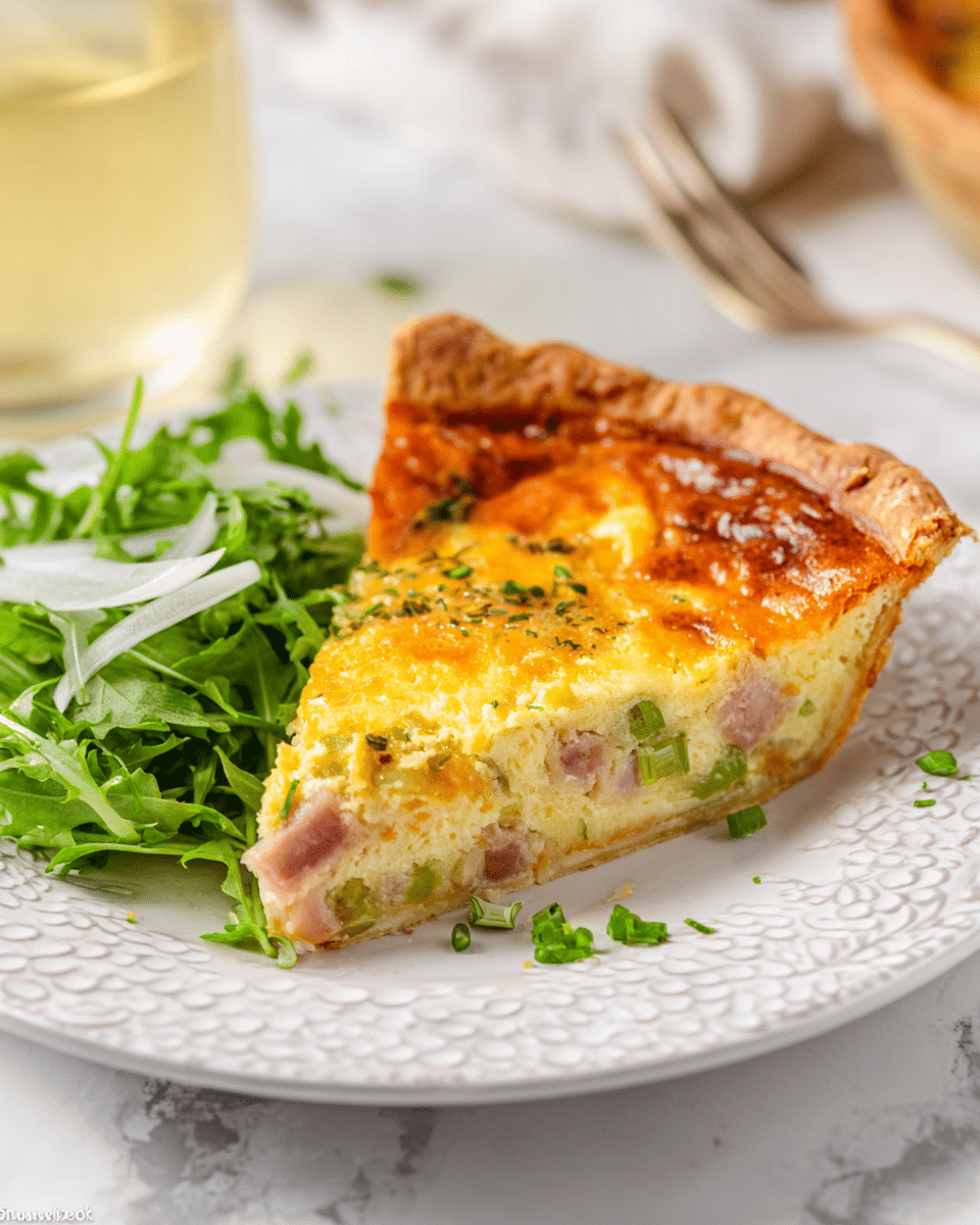 A slice of quiche sits on a white plate with a detailed raised grape pattern and is placed on a white marbled surface. The quiche has a golden-brown crust with a rough texture, about one layer thick, forming the base and the sides. The filling consists of a yellow and orange layer of melted cheese mixed with bits of green onion and small cubes of pink ham, giving a slightly bumpy texture. On the side of the quiche slice, there is a small portion of fresh green arugula leaves with thin slices of pale onion. The photo is bright and clear, with a glass of light yellow drink visible and slightly blurred in the background. photo taken with an iphone --ar 4:5 --v 7