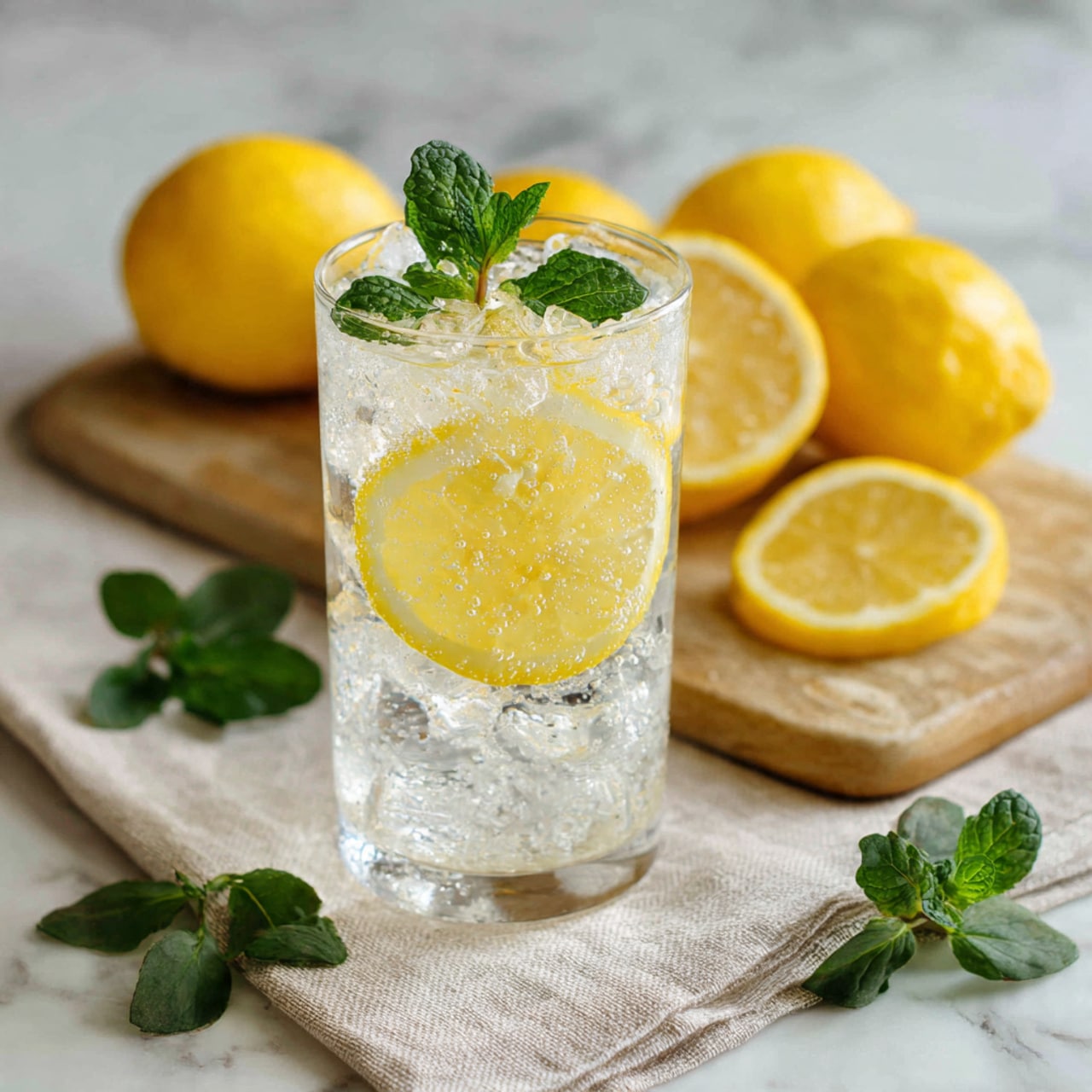 A clear glass filled with sparkling water and ice cubes, with a bright yellow lemon slice floating on top, garnished with two fresh green mint leaves sitting on the lemon slice. Behind the glass, a wooden board holds a few whole lemons, one of which is cut in half showing its pale yellow inside, and two round lemon slices. Small green leaves are scattered around on a light beige textured cloth, all placed on a white marbled surface. The scene is softly lit with natural light, creating fresh and vibrant colors photo taken with an iphone --ar 4:5 --v 7