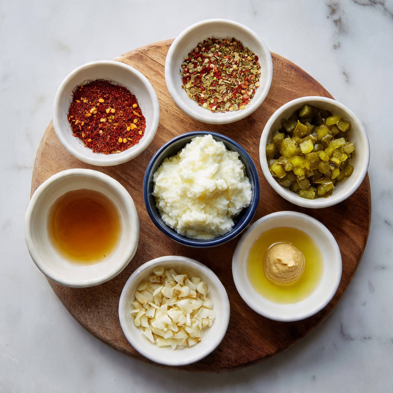 A wooden surface holds seven white small bowls and one blue small bowl arranged in a loose circle. The blue bowl in the center contains a fluffy white creamy mixture. The top white bowl holds a mix of red and green spices. The right side bowl has chopped green pickles with red bits. The bottom right bowl contains a yellow mustard-like paste. The bottom center bowl has a small beige dollop of paste. The bottom left bowl shows a light clear liquid, while the top left bowl holds a brown liquid. The left center bowl has finely chopped garlic bits. The whole setup is on a white marbled background. Photo taken with an iphone --ar 4:5 --v 7