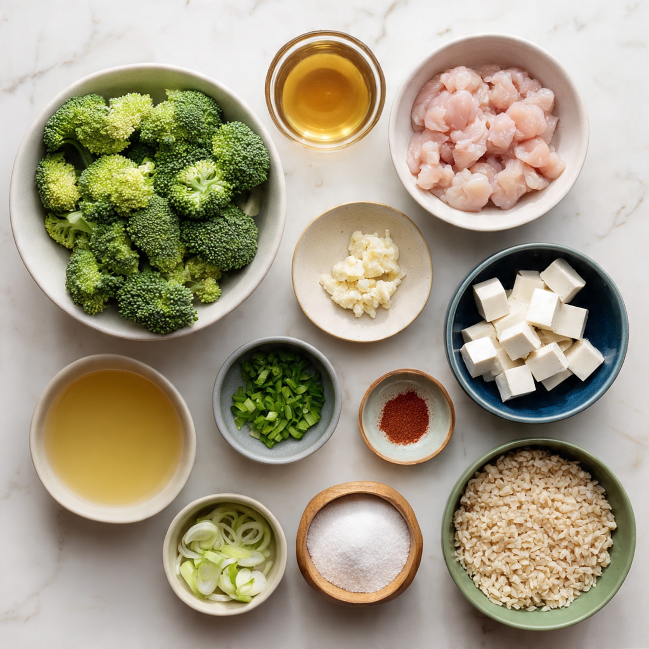 The image shows an arrangement of different ingredients on a white marbled surface. At the center top, there is a white bowl full of fresh green broccoli florets. Next to it on the left, a white bowl contains raw pink pieces of chicken. Below the chicken, a white bowl holds finely chopped green onions. To the right of the onions, a small green bowl contains white cubes of tofu. Near the tofu, there is a blue bowl filled with white flour. Above the flour, a smaller bowl has minced garlic. Next to that is a tiny wooden bowl with white salt. Above these, a small white bowl contains light brown liquid, likely vinegar. To the left is a tiny green bowl with creamy mayonnaise. Above that, a small grey bowl with white powder, possibly a spice. Above this, a small bronze bowl contains bright red sauce. To the left side, there is a clear bowl filled with golden broth and a small glass with light yellow liquid. Between the chicken and green onions is a bowl with brown cooked rice. Each ingredient is neatly placed and spaced in a clean, organized way. photo taken with an iphone --ar 4:5 --v 7