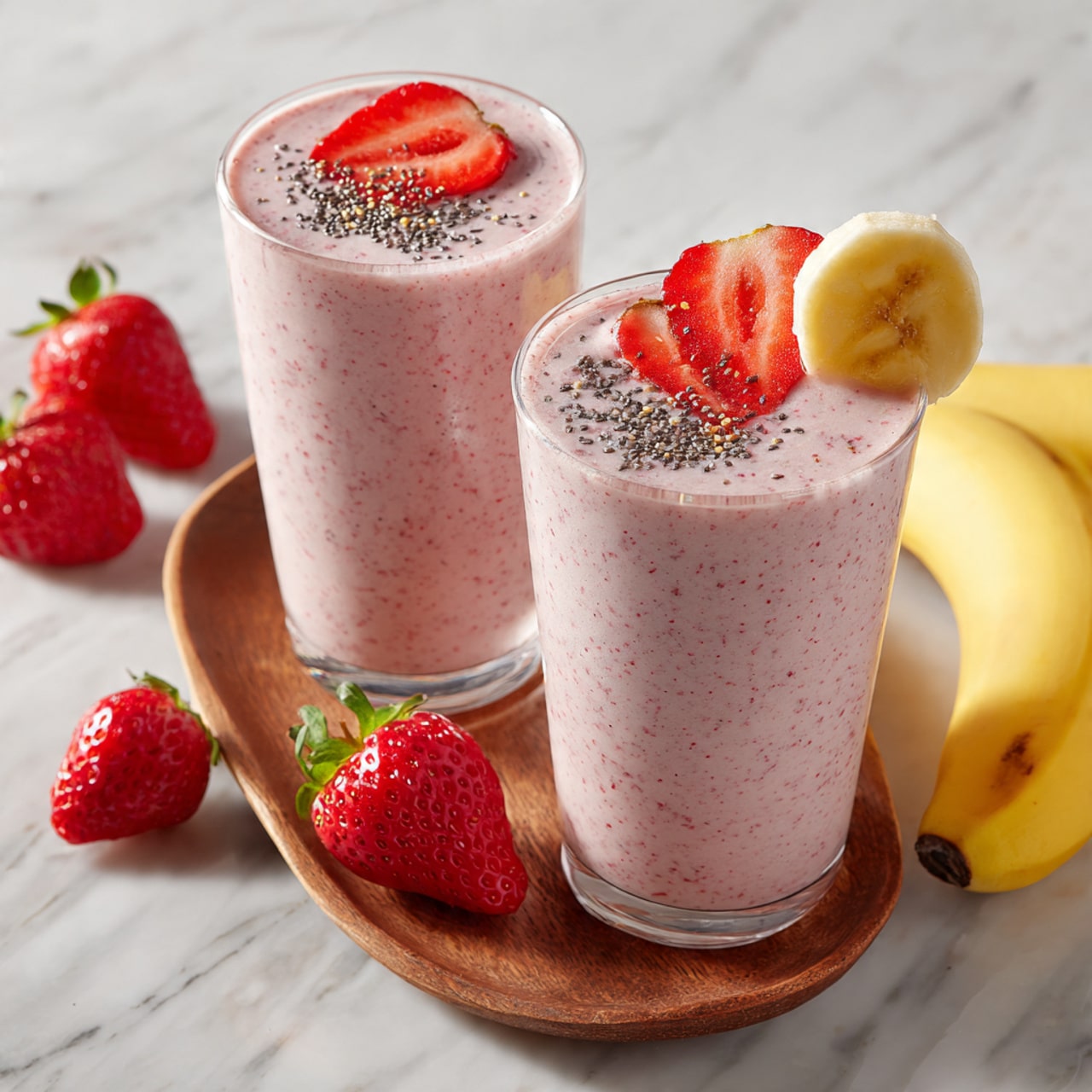 Two tall glasses filled with a light pink smoothie with a thick and creamy texture are placed on a white marbled surface. Each glass has a slice of red strawberry and a slice of yellow banana floating on top, sprinkled with small black chia seeds. One glass stands on a small wooden oval tray with a whole bright red strawberry next to it. Several whole red strawberries and a peeled banana are scattered around the glasses, adding vibrant color to the scene. photo taken with an iphone --ar 4:5 --v 7