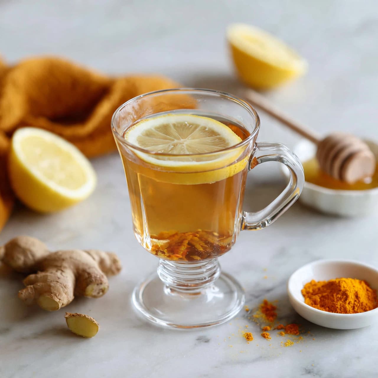 A clear glass jar is filled with a smooth, golden yellow sauce with tiny orange specks on its surface. The jar is open with its white lid placed nearby on a white marbled surface. To the right of the jar, a wooden spoon holds some of the sauce, with a small pile spilled next to it. A white towel with thin black stripes is seen on the left side of the jar, adding a soft texture to the setting. Photo taken with an iphone --ar 4:5 --v 7
