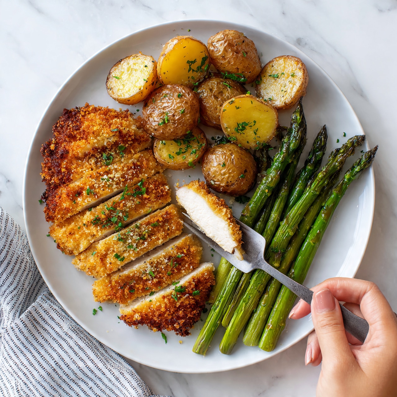 On a round white plate, there are three main parts: on the left, a golden-brown crispy breaded chicken sliced into several strips with visible herbs sprinkled on top; to the right of the chicken, there are small, round, roasted potato halves with a browned, slightly crispy surface and sprinkled with green herbs; at the bottom right side of the plate, there are several grilled asparagus spears, bright green with a slight shine. A woman's hand holds a fork that pierces one piece of the chicken, showing the white inside. The plate sits on a white marbled surface with part of a striped cloth visible at the bottom right. photo taken with an iphone --ar 4:5 --v 7
