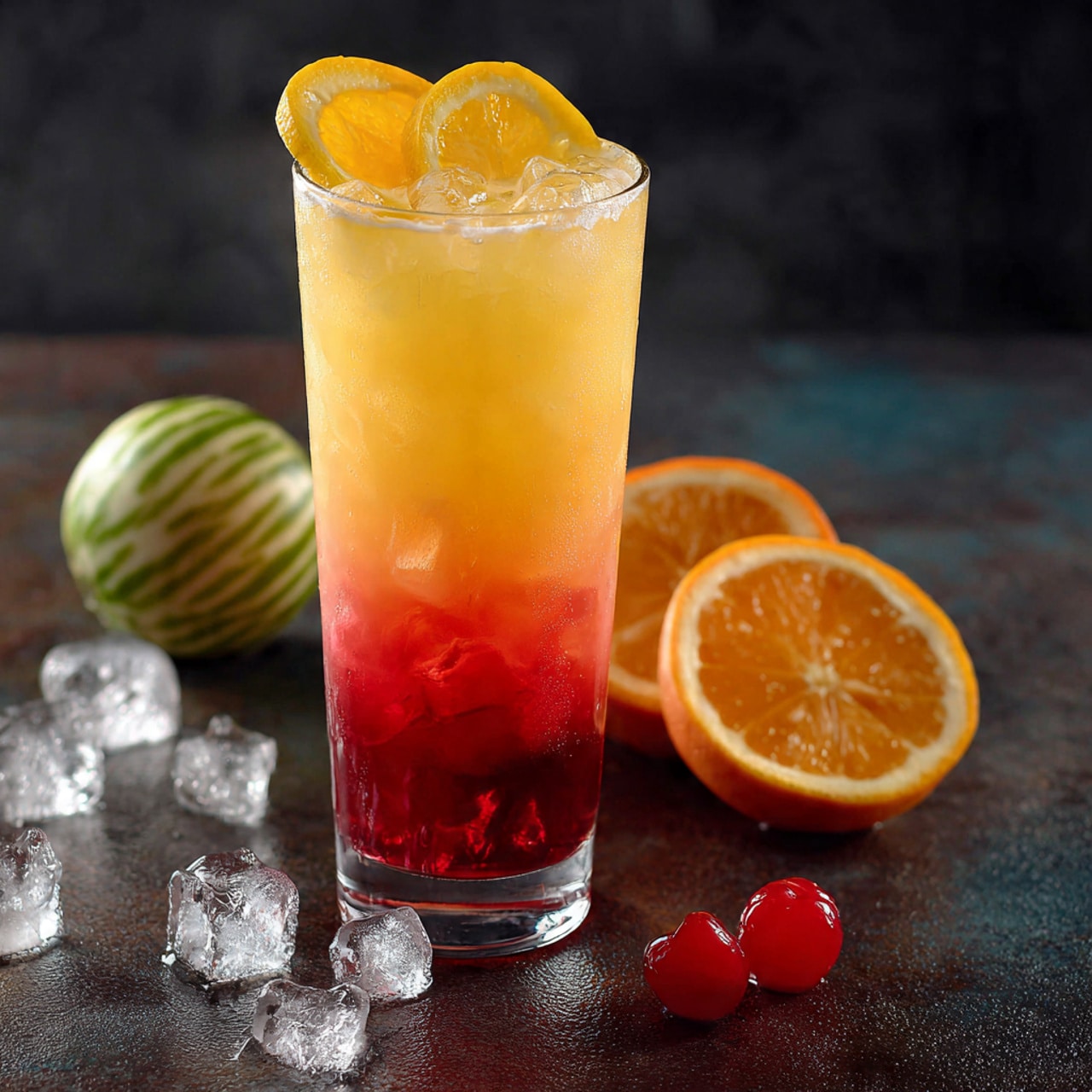 A tall clear glass holds a layered drink with three main layers: the bottom layer is deep red and smooth, the middle layer is bright orange blending slightly into the red, and the top layer is a pale yellow-orange frothy foam. On the rim of the glass, there are two citrus slices, one yellow lemon wedge and one orange wedge, both bright and fresh. Around the glass, there are clear ice cubes scattered on a dark textured surface, with a whole lime showing several white stripes on the left and half an orange with a slice next to it on the right. Two small glossy red cherries sit near the base of the glass. The background is dark and blurry, highlighting the vibrant colors of the drink and fruit, photo taken with an iphone --ar 4:5 --v 7