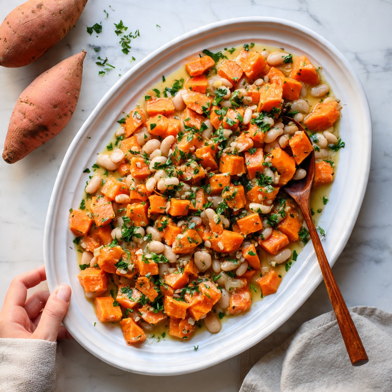 The dish shows a white oval plate filled with evenly cut cubes of cooked orange sweet potatoes mixed with white beans, all coated in a light sauce. On top, there are small chopped fresh green herbs adding a bright color contrast. A woman's hand is seen holding a wooden spoon resting on the edge of the plate. The entire scene is set on a white marbled surface with some whole raw sweet potatoes visible on the side. Photo taken with an iphone --ar 4:5 --v 7