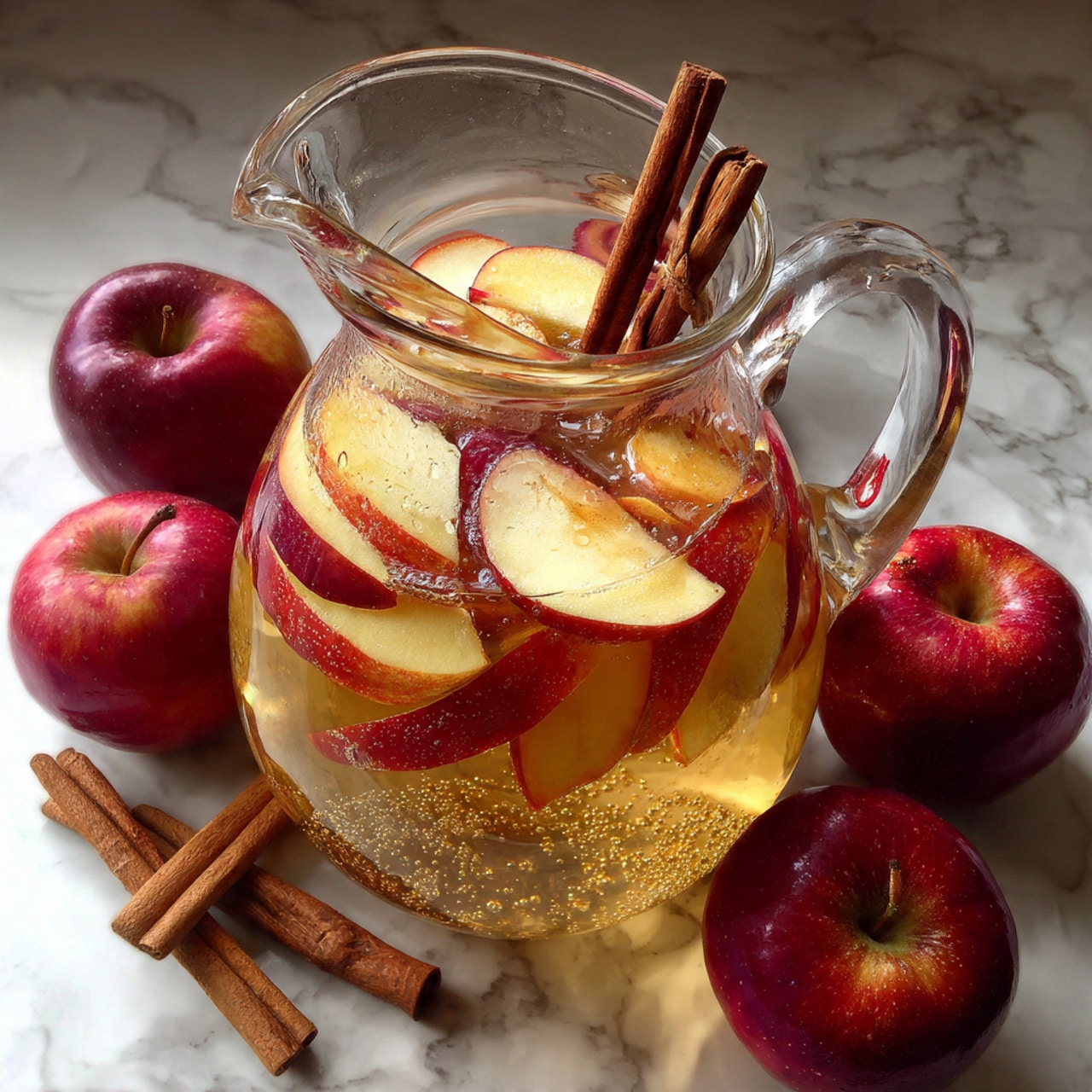 A clear glass pitcher filled with light golden liquid and several large slices of red and yellow apples floating inside. A long cinnamon stick is seen standing upright in the pitcher, adding a deep brown color contrast. The pitcher is placed on a white marbled surface, surrounded by whole red apples and cinnamon sticks, enhancing the warm, cozy feeling. Photo taken with an iphone --ar 4:5 --v 7