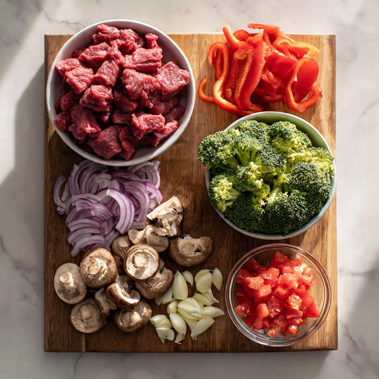 The image shows a wooden board with several fresh ingredients neatly arranged on a white marbled surface. On the left side, a white bowl holds raw, red beef cut into small pieces. Above the bowl, there are bright red bell pepper slices stacked in a small pile. To the right, another white bowl is full of green broccoli florets. Below the broccoli, there are sliced brown mushrooms piled in the middle of the board. Thinly sliced red onions are spread in a small mound at the bottom left corner of the board. Close to the mushrooms, thin garlic slices are laid out in a small pile. Finally, a small clear glass bowl at the bottom right contains chopped red tomatoes. The light shines softly, highlighting the fresh colors and textures. photo taken with an iphone --ar 4:5 --v 7