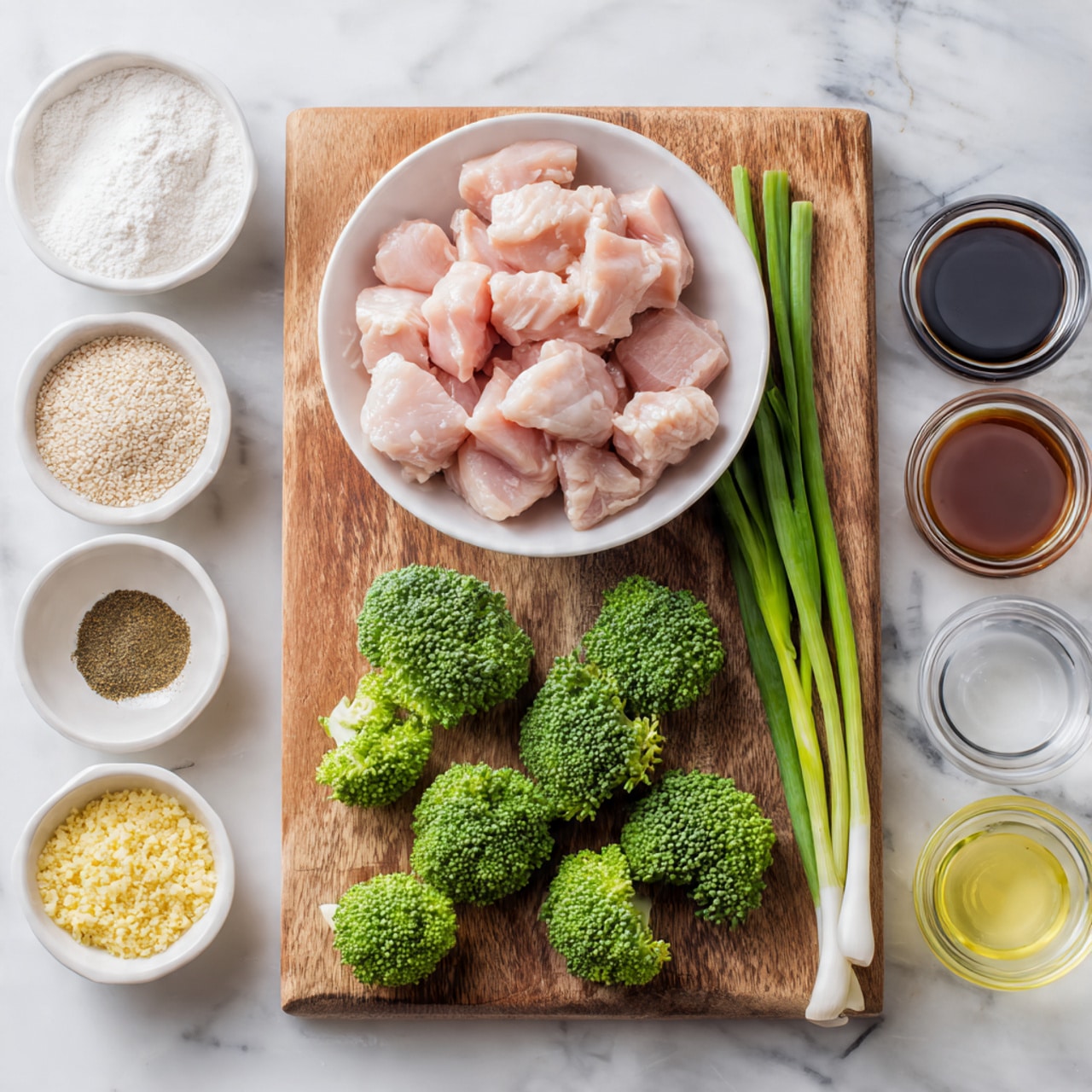 The image shows a wooden board placed on a white marbled surface. On the board, there are small green broccoli pieces arranged in a cluster on the right side. To the left, there is a white bowl filled with raw light pink chicken pieces. Three fresh green onions with white stems lie diagonally across the bottom right corner of the board. Surrounding the board on the marbled surface are small white bowls and clear glass containers holding various ingredients: white flour powder at the top left, sesame seeds to its right, a dark brown sauce on the top right, a small bowl of ground spices on the left, a small bowl of yellow minced garlic below it, and clear liquids in glass containers on the right side. Everything is neatly arranged, showing fresh and raw ingredients in a clean setting photo taken with an iphone --ar 4:5 --v 7