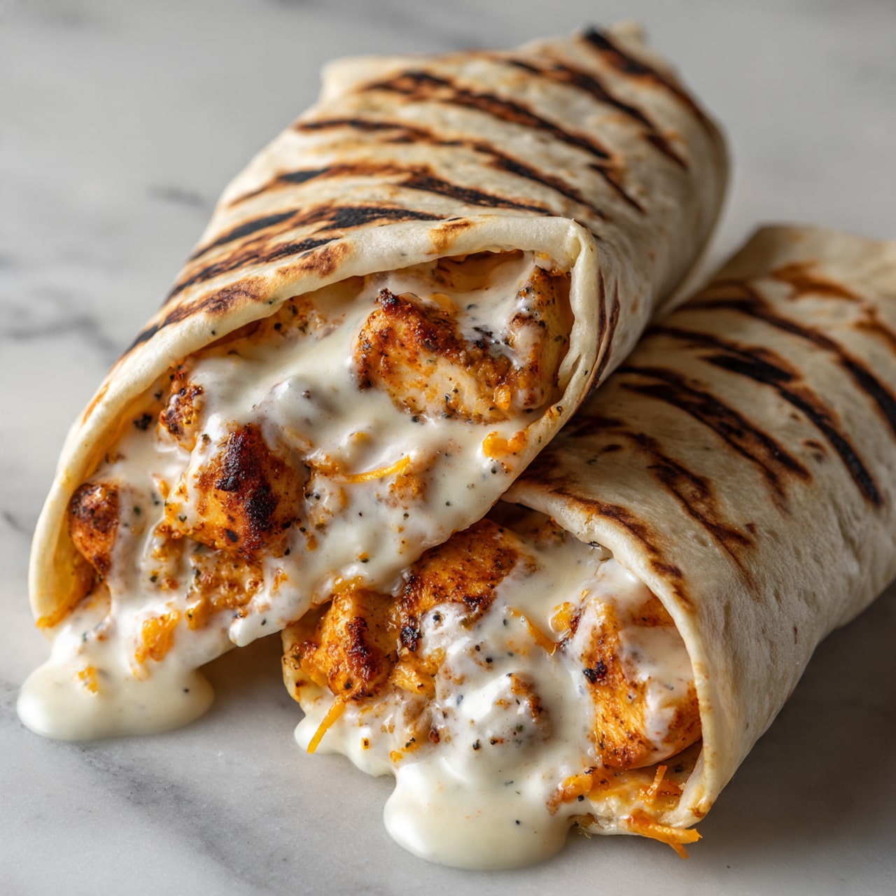 Two rolled soft tortillas with visible grill marks on the outside, filled with creamy, white sauce-coated pieces of chicken that have some black pepper specks. Inside, thin strands of bright orange melted cheese peek through, mixing with the creamy sauce and chicken chunks. The wraps are placed close together on a white marbled surface, showing a warm and hearty texture, the sauce slightly dripping from the edges. The light highlights the softness of the tortillas and the shiny, smooth sauce inside. Photo taken with an iphone --ar 4:5 --v 7