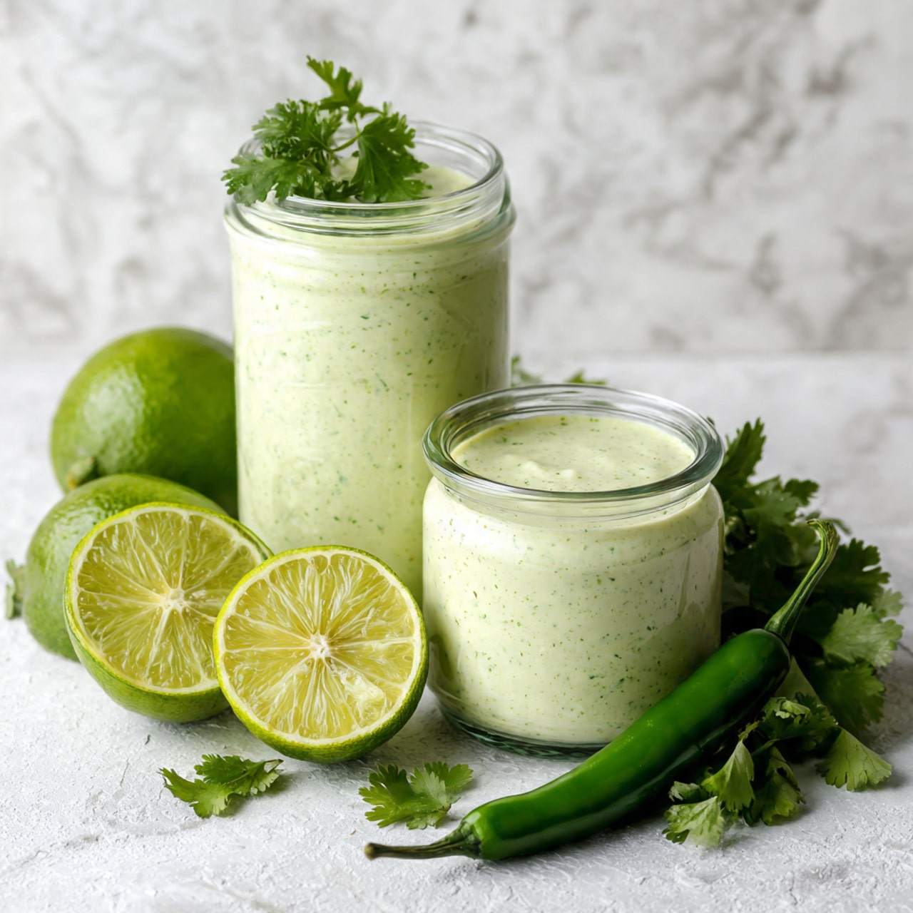 The image shows two glass jars filled with a creamy light green sauce. The taller jar is slightly behind and to the left of the smaller jar. In front of the jars, there are two halves of a bright green lime placed directly on a white marbled surface. A green chili pepper and some fresh cilantro leaves are scattered around the jars and lime halves, adding a fresh look to the scene. The background has a white marbled texture as well, creating a clean and bright setting. Photo taken with an iphone --ar 4:5 --v 7