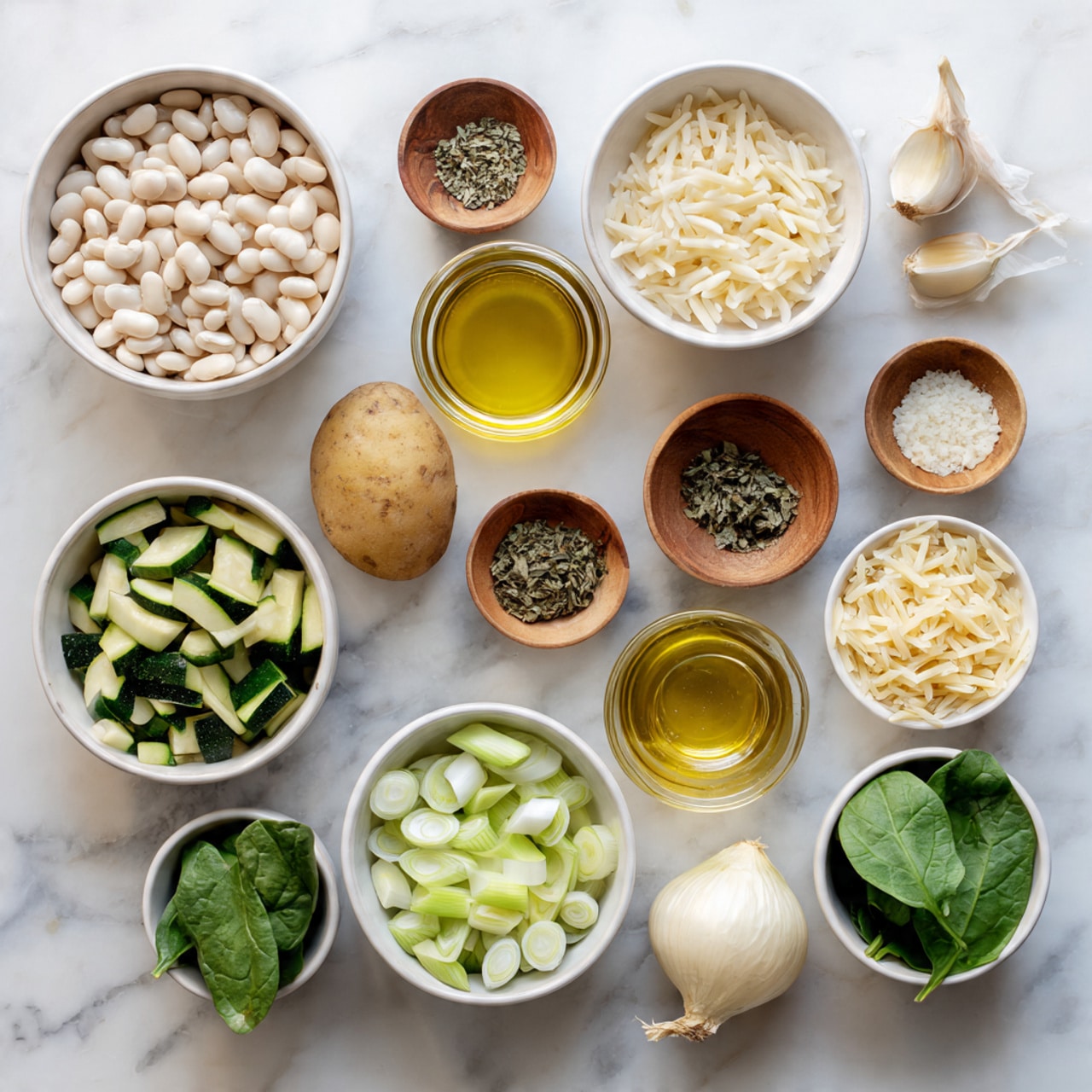 The image shows a top view of various small white bowls and ingredients laid out on a white marbled surface. There are eleven containers holding different foods: white beans in a large white bowl, a single potato, chopped white onions in a medium white bowl, a glass bottle and small glass cup of yellow broth, three small wooden bowls with salt, herbs, and pepper, minced garlic in a small white bowl, raw orzo pasta in a small white bowl, sliced green zucchini in a medium white bowl, sliced leeks in a medium white bowl, shredded cheese in a small transparent bowl, and fresh green spinach leaves in a medium white bowl. The ingredients are carefully arranged in a circular pattern. Photo taken with an iphone --ar 4:5 --v 7
