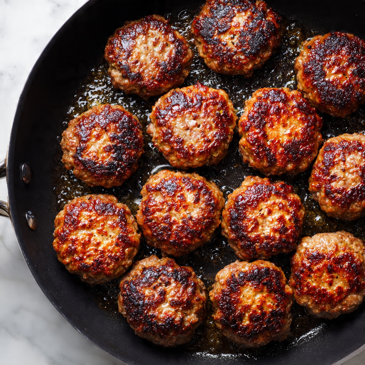 A black pan filled with sixteen round meat patties cooking evenly, each patty showing a browned and slightly crispy outer surface with some parts darker, indicating a nicely cooked texture. The patties are spread out but close to each other, covering most of the pan's area, with small patches of the pan visible in between. The lighting highlights a glistening, oily sheen on the patties, enhancing their rich cooked color. The background is a white marbled texture. photo taken with an iphone --ar 4:5 --v 7