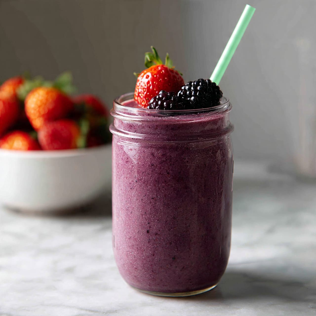 A tall clear glass jar is filled with a thick, smooth purple smoothie with a light green straw sticking out from the top. On the rim sits a bright red strawberry and a dark purple blackberry layered next to each other. The background shows a white marbled surface with a white bowl full of red strawberries blurred behind the jar. The lighting makes the smoothie look fresh and inviting. Photo taken with an iphone --ar 4:5 --v 7
