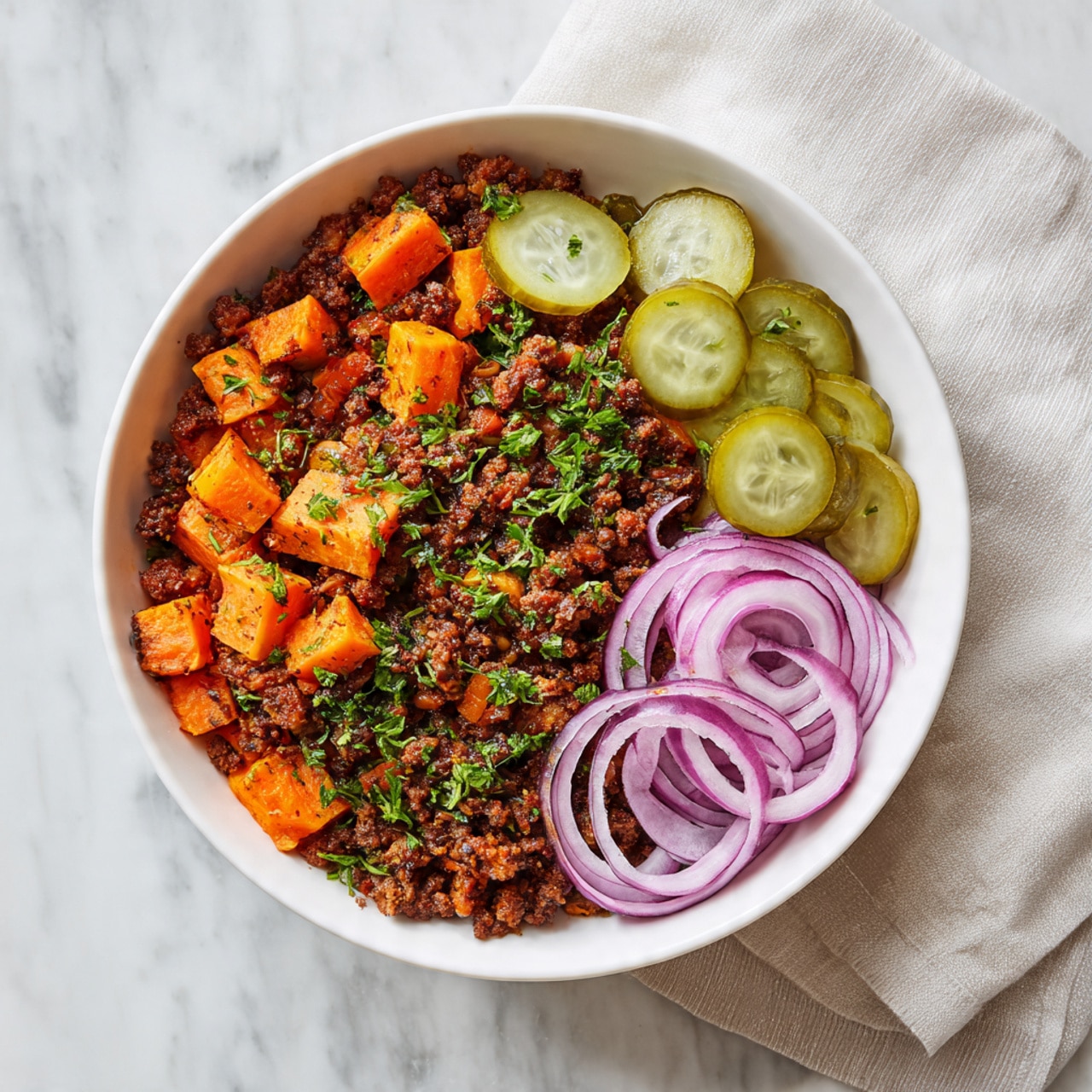 A white bowl filled with three main sections: one section has reddish-brown minced meat mixed with small orange carrot pieces and some green herbs sprinkled on top; another section has small cubes of orange roasted sweet potatoes; the last section features thin round slices of light green pickles layered beside thin rings of light purple-red onions. The bowl is placed on a white marbled surface with a light cloth nearby. photo taken with an iphone --ar 4:5 --v 7