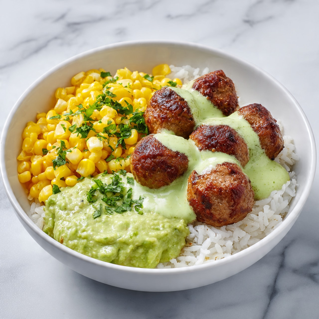 A white bowl filled with a base layer of cooked white rice, topped with several browned, round meatballs drizzled with a smooth, light green sauce. To one side of the meatballs, there is a heap of bright yellow cooked corn kernels, and next to it, a creamy green guacamole-like layer with a rough texture. Another dollop of thick light green sauce sits near the corn, adding contrast. Fresh green herbs are scattered lightly over the meatballs and sauces. The bowl rests on a white marbled surface. Photo taken with an iphone --ar 4:5 --v 7