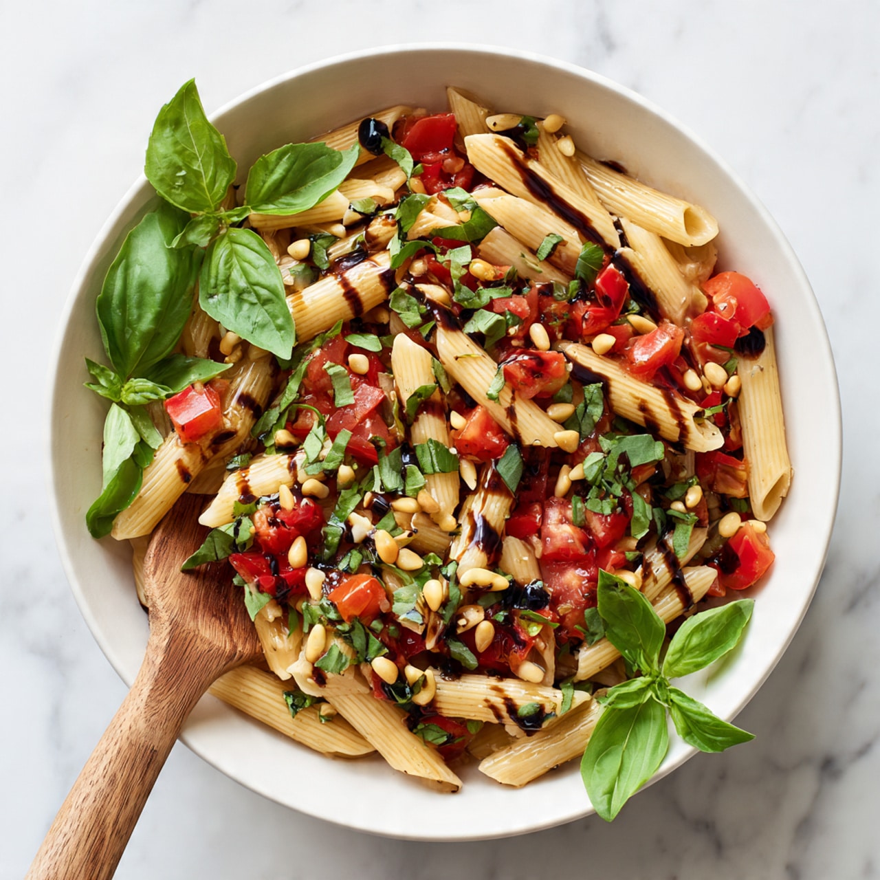 A white bowl holds a pasta dish with three main layers: the bottom layer is light brown penne pasta cooked to a firm texture, the middle layer has bright red chopped tomatoes, and the top layer is sprinkled with small toasted pine nuts and chopped dark green basil leaves. A dark balsamic glaze is drizzled over the top, adding a shiny finish. Fresh green basil sprigs are placed on the sides as decoration, and a wooden spoon with a light brown handle rests on the left side of the bowl. The bowl is set on a white marbled surface. Photo taken with an iphone --ar 4:5 --v 7