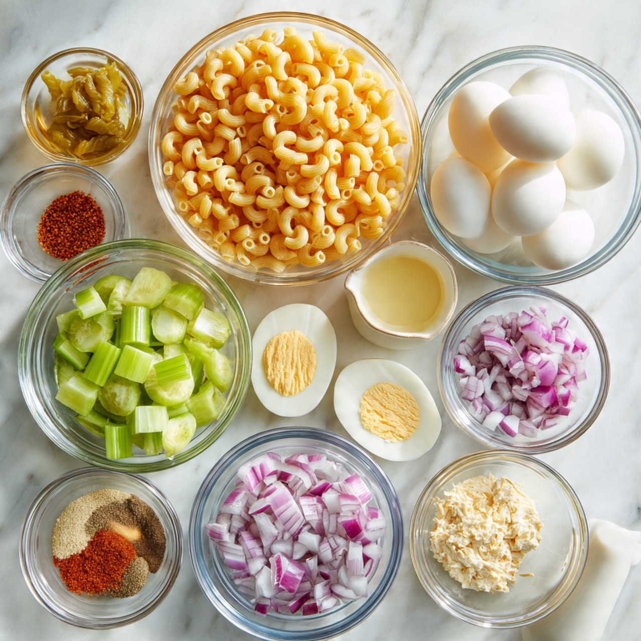 The image shows several clear glass bowls arranged on a white marbled surface, each containing different ingredients. There are two large bowls, one filled with cooked elbow macaroni which is light orange, and the other with seven white hard-boiled eggs. Around these bowls are smaller ones holding light green celery slices, chopped pickles with a darker green shade, chopped red onions with purple and white colors, a creamy white mixture, a small amount of light yellow mustard, a mix of red, white, and beige spices, and a small measuring cup with a pale yellow liquid. The ingredients are neatly organized, ready to be mixed. photo taken with an iphone --ar 4:5 --v 7