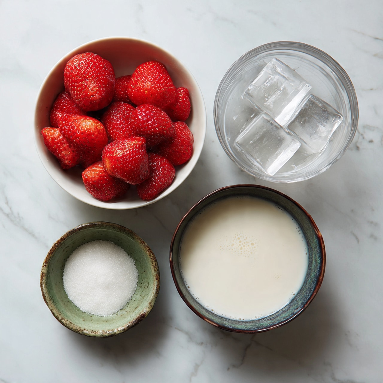 The image shows four bowls placed on a white marbled surface. On the left, there is a white bowl filled with bright red strawberries that have a shiny, smooth texture and natural seeds visible. Above it, a clear glass bowl contains several round, translucent ice cubes with smooth surfaces. Below the ice bowl, a small rustic green bowl holds fine white sugar that looks slightly powdery. On the right side, there is a dark-rimmed bowl filled with a creamy white liquid that looks smooth with some tiny bubbles on the surface. photo taken with an iphone --ar 4:5 --v 7
