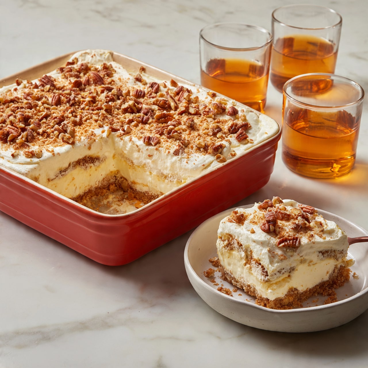 The image shows a white marbled surface with several white bowls filled with different ingredients arranged neatly. There is a small white bowl with white powder (likely sugar), a white bowl with white cream, a small white bowl with clear liquid (probably water), a small white bowl with melted yellow butter, a white plate with several red strawberries, a white bowl filled with small pretzels, and a small white bowl filled with sour cream or a similar thick white mixture. All items are placed evenly spaced across the surface, creating a clean and bright look. Photo taken with an iphone --ar 4:5 --v 7