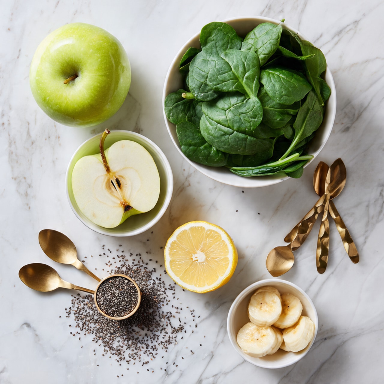 The image shows a top view of a white marbled surface with several fresh ingredients arranged around it. There is a white bowl filled with bright green spinach leaves at the top center and another small white bowl on the right side containing more green leafy vegetables. On the left side, a green apple sliced in half reveals its light inside and seeds in the center. Below the apple, a white bowl contains evenly sliced banana pieces, pale yellow with soft texture. In the middle of the image, two halves of a lemon show their bright yellow, juicy interior. Nearby, a bronze measuring spoon filled with tiny black chia seeds spills some seeds onto the surface, and below it are a few bronze and silver measuring spoons stacked together. The overall feel is fresh and clean with a focus on healthy ingredients photo taken with an iphone --ar 4:5 --v 7