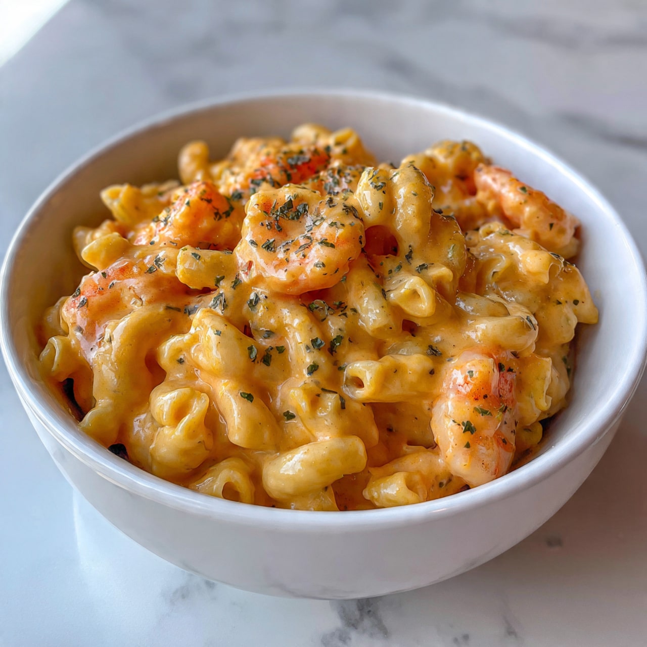 A white bowl filled with creamy macaroni and cheese with pieces of cooked shrimp mixed inside. The macaroni is coated in smooth orange cheese sauce with small bits of herbs sprinkled on top. The dish looks thick and creamy with the shrimp visible throughout, adding pink and light orange colors against the rich cheese. The bowl sits on a white marbled surface. photo taken with an iphone --ar 4:5 --v 7