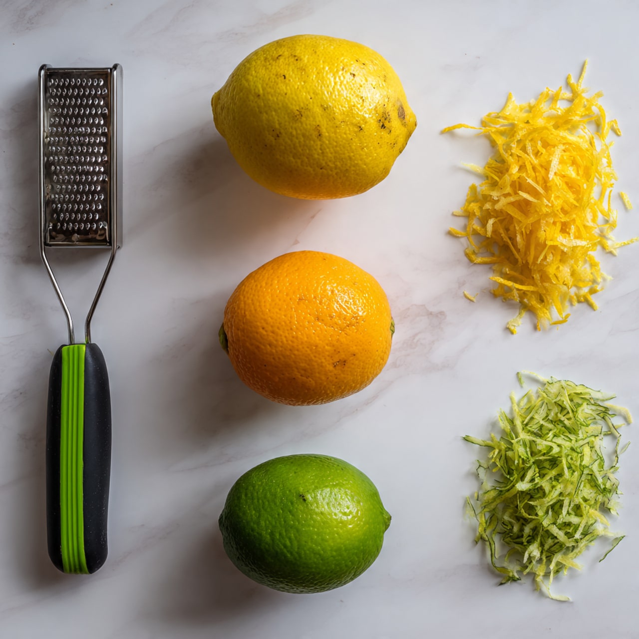 The image shows three pieces of fruit arranged vertically on the right side: a yellow lemon at the top with some light peeled marks, an orange in the middle with small spots, and a green lime at the bottom with a few peeled sections. To the left of each fruit are small piles of peeled zest or peel matching their colors—yellow for the lemon, orange for the orange, and green for the lime. On the far left are two kitchen tools: a black zester at the top and a green peeler near the bottom. All items rest on a smooth white marbled surface. Photo taken with an iphone --ar 4:5 --v 7