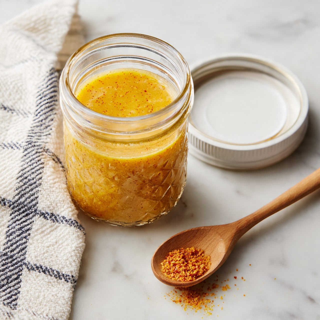 A clear glass cup with a handle is filled with light brown tea and topped with a thin round lemon slice floating on the surface. Around the cup on a white marbled surface are small pieces of ginger root, a small white bowl with golden honey and a wooden honey dipper resting in it, a tiny white dish with bright orange powder, and part of a halved lemon. On the left side, there is an orange cloth partially visible. The whole setting looks fresh and simple, with soft natural light. photo taken with an iphone --ar 4:5 --v 7