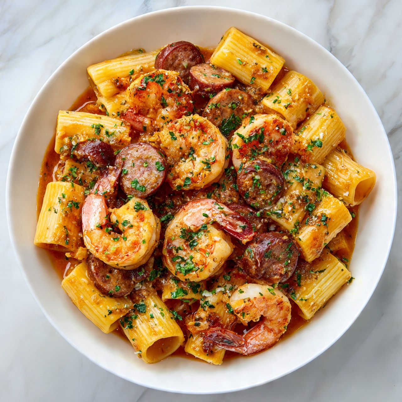 A white bowl filled with a pasta dish featuring rigatoni at the base, cooked to a light golden color with a smooth texture. On top are several plump, pink shrimp with curled tails, nestled among slices of browned sausage with a rich, reddish-brown hue. The dish is coated with a glossy, reddish-orange sauce that clings to the pasta and toppings. Small green herb flakes are sprinkled evenly across the surface, adding a fresh contrast. The bowl sits on a white marbled surface. Photo taken with an iphone --ar 4:5 --v 7