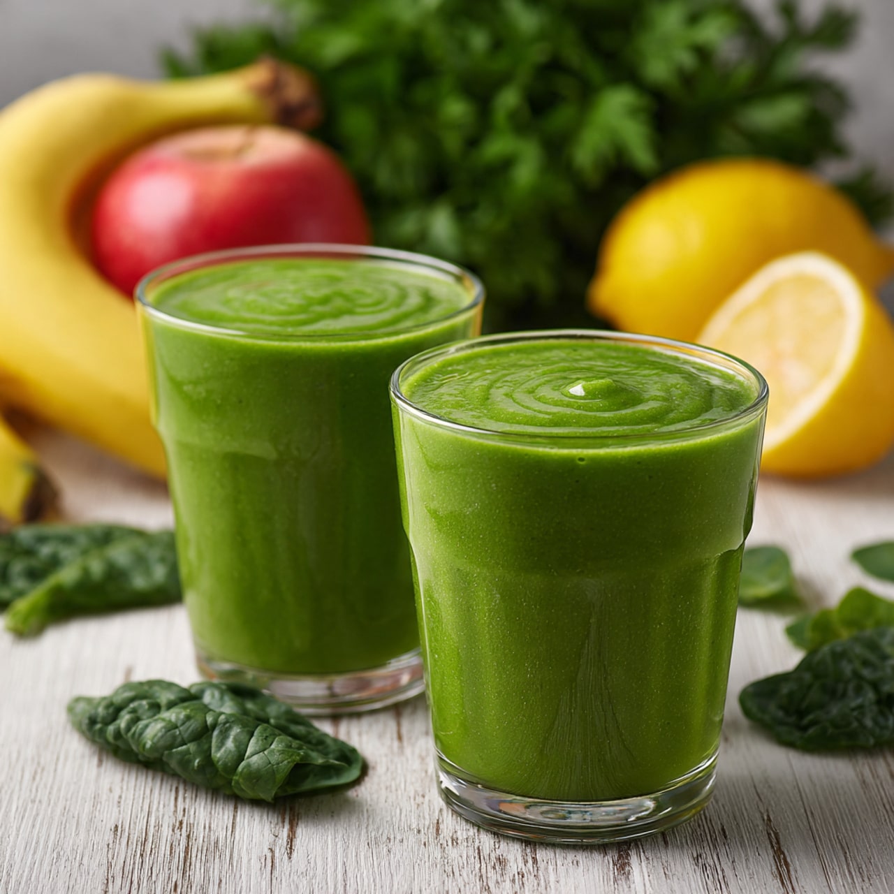 Two clear glasses are filled with thick bright green smoothie, showing smooth texture with small swirls on top. The glasses sit on a white wooden surface with fresh green leafy spinach and kale around them. In the back, there are vibrant yellow bananas, a shiny red apple, a whole yellow lemon, and a lemon cut in half, revealing its inside. The background has a blurred bunch of green leafy herbs. photo taken with an iphone --ar 4:5 --v 7