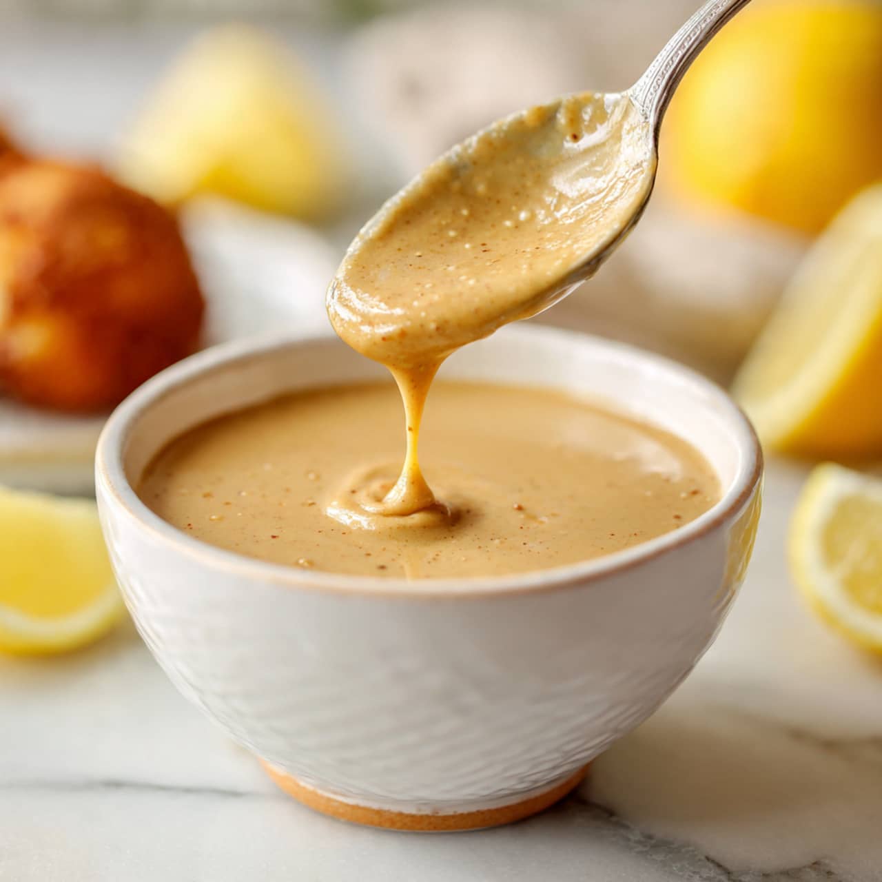 A white bowl filled with a creamy light brown sauce with a smooth texture, held by a spoon above it, showing some of the sauce dripping from the spoon. The bowl is placed on a white marbled surface with blurred lemon wedges and a fried item in the background, giving a fresh and warm feeling. The focus is on the creamy sauce and the spoon lifting it gently. photo taken with an iphone --ar 4:5 --v 7