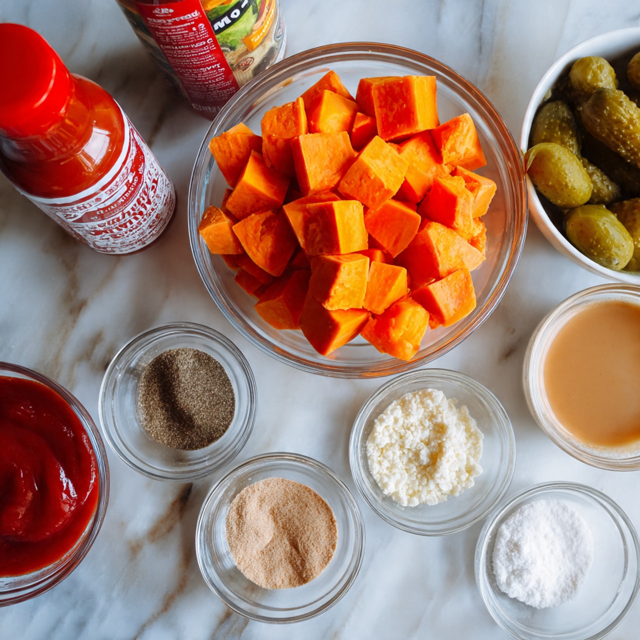 The image shows several clear glass bowls and a white bowl arranged on a white marbled surface. The largest bowl holds bright orange cubes of sweet potato. Smaller clear bowls contain white crumbled cheese and smooth red tomato sauce. A white bowl has light brown liquid inside. There is a white divided dish with four spices: dark brown powder, ground black pepper, light beige powder, and a finer beige powder. Another white bowl holds whole green pickles. To the left, a red bottle of ketchup is placed at an angle, showing a red label with white text and a red cap. Some colorful food packaging is partially visible in the background. Photo taken with an iphone --ar 4:5 --v 7