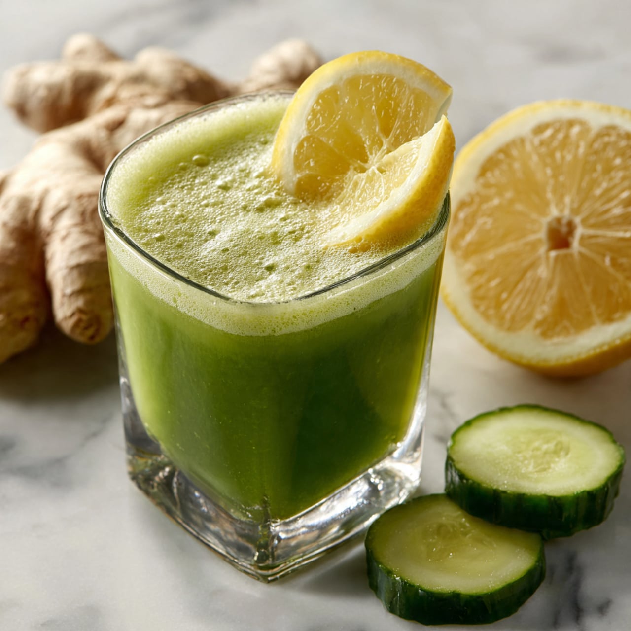 A clear square glass filled with a thick bright green juice showing a slightly frothy top layer, garnished with a bright yellow lemon wedge on the rim. The glass sits on a white marbled surface, surrounded by thin light green cucumber slices, pale yellow lemon slices, and thin light beige ginger slices, with a whole piece of ginger root also visible in the background. The colors show fresh green, yellow, and beige tones in natural light. photo taken with an iphone --ar 4:5 --v 7