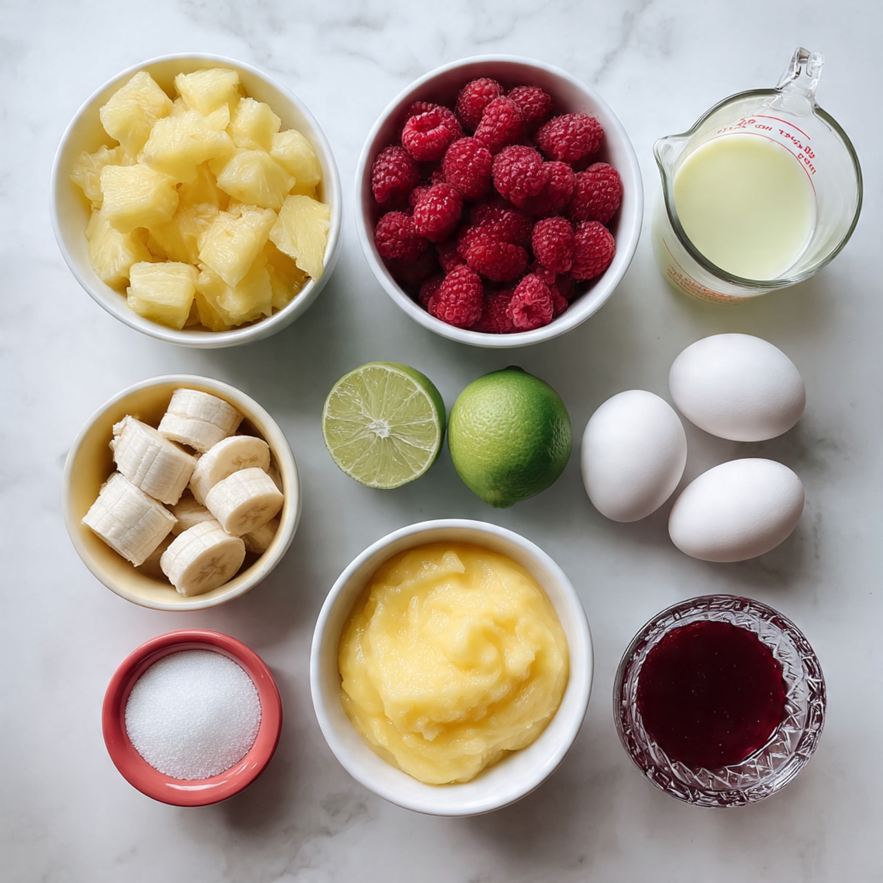 The image shows an arrangement of nine ingredients on a white marbled surface. Starting from the top left, there is a white bowl filled with light yellow chopped pineapple pieces, next to it on the right is a white bowl full of bright red frozen raspberries. To the right of the raspberries is a clear measuring cup filled with a pale yellow liquid. Below the pineapple bowl is a whole lime and two lime halves, slightly cut but kept intact on the surface. Below the raspberries is a small white bowl filled with smooth, mashed yellow mango pulp. To the left of the mango pulp is a small yellow bowl filled with white banana slices showing a soft texture. At the bottom left corner is a red cup filled with granulated white sugar. Next to the sugar and close to the mango pulp are two white eggs placed on the surface. On the far right, there is a small decorative glass cup filled with a dark red liquid. All items are neatly placed and clearly visible, photographed with natural light. photo taken with an iphone --ar 4:5 --v 7