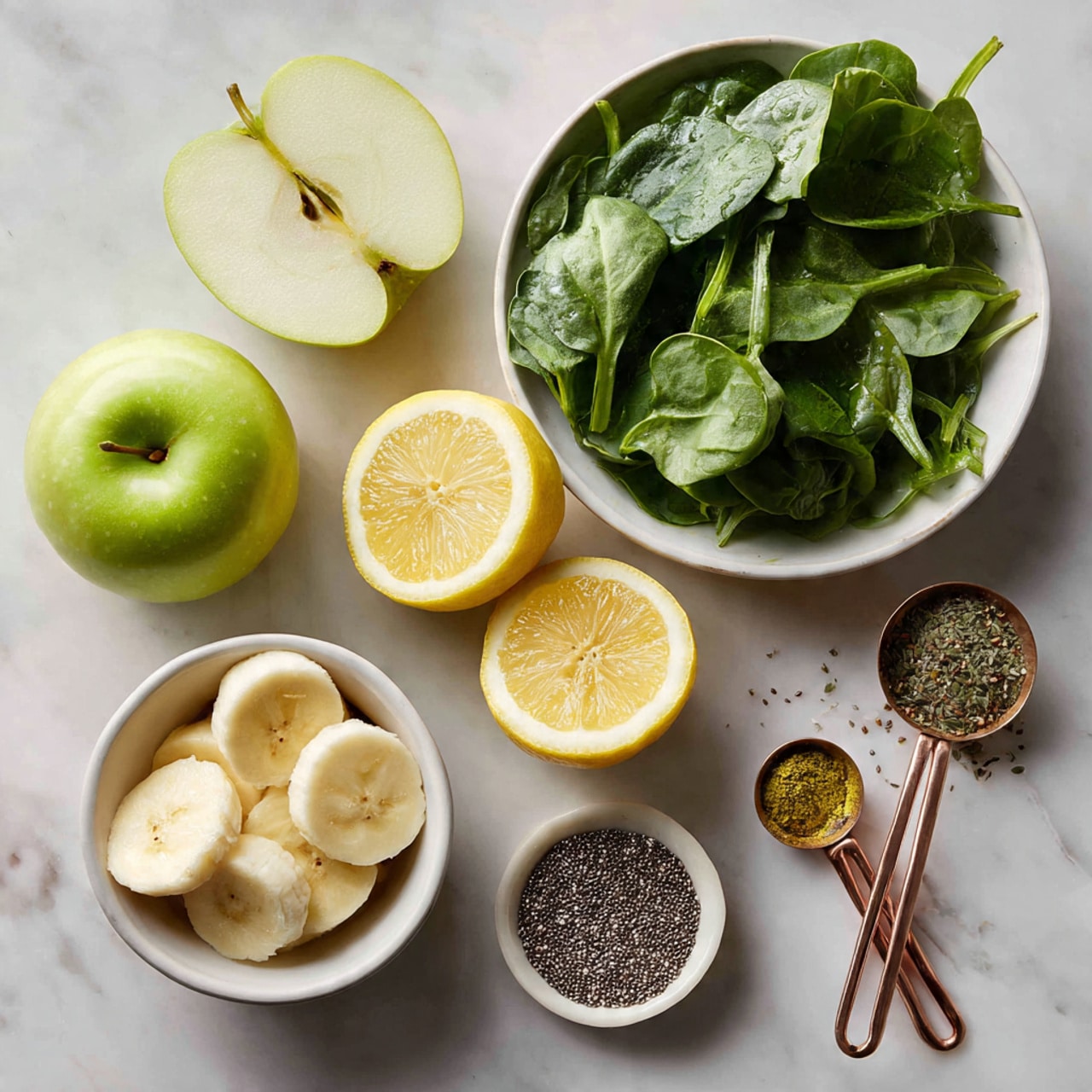The image shows several fresh ingredients laid out on a white marbled surface, including a halved green apple on the left side with its pale green flesh and seeds visible, and two bright yellow lemon halves placed above the center. At the bottom left, there is a white bowl filled with thick slices of peeled banana, showing their soft, light yellow texture. Above the lemon halves, a large white bowl is filled with fresh dark green spinach leaves with visible veins and stems, while to the right, a smaller white bowl contains a mix of leafy greens with a slightly lighter green color. Near the center right, a set of copper and silver measuring spoons lay flat, the top one filled with tiny black chia seeds that are spilling slightly onto the surface photo taken with an iphone --ar 4:5 --v 7