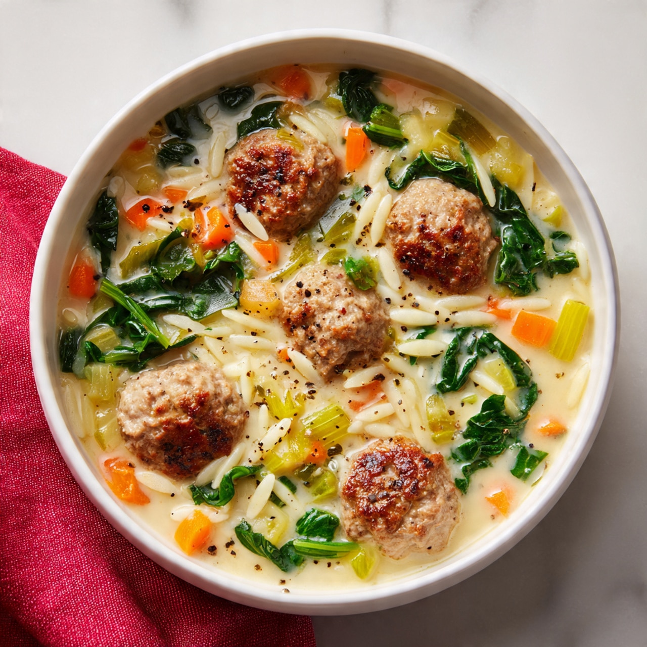A white bowl filled with a soup that has four visible meatballs that are brown and round, surrounded by three main layers: small orange carrot chunks, bright green leafy vegetables, and off-white orzo pasta, all mixed in a light creamy broth with specks of black pepper sprinkled on top. The bowl is placed on a white marbled surface with a folded red cloth partially showing under the bowl on the left side. Photo taken with an iphone --ar 4:5 --v 7