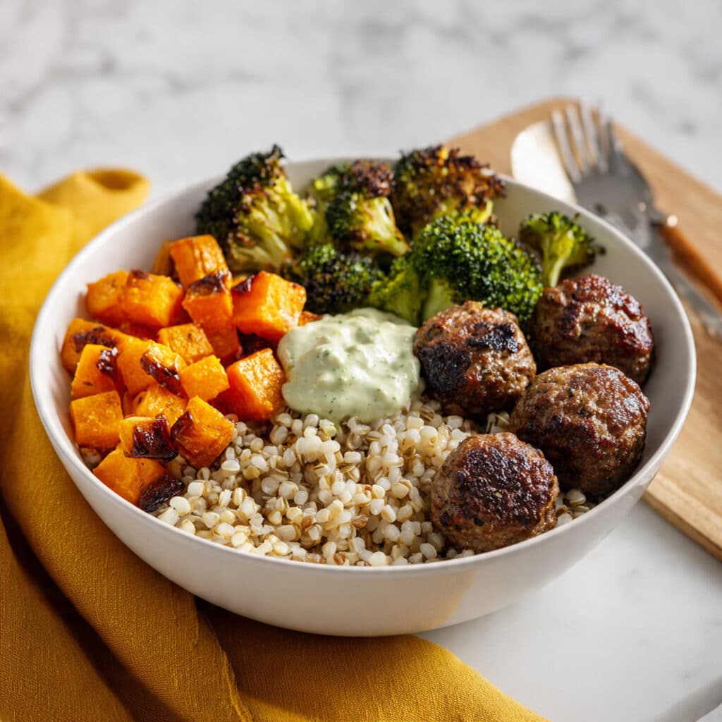 Barbecue Meatball Bowls with Avocado Goddess Sauce Recipe