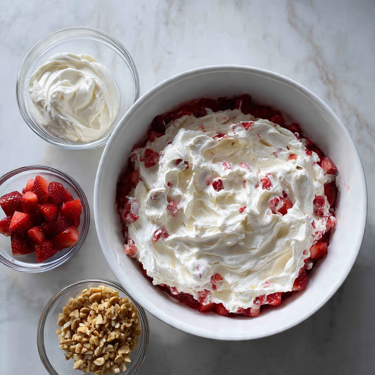 The image shows a large white bowl filled with a dessert that has two layers: the bottom layer is red and the top is a thick layer of white whipped cream with small bits of red fruit mixed in. Around the bowl, on a white marbled surface, are three small clear glass bowls. One bowl has a smooth white cream, another has small chopped red strawberries, and the last one holds golden brown chopped nuts. A woman's hand is not visible but implied to be preparing the dessert. photo taken with an iphone --ar 4:5 --v 7