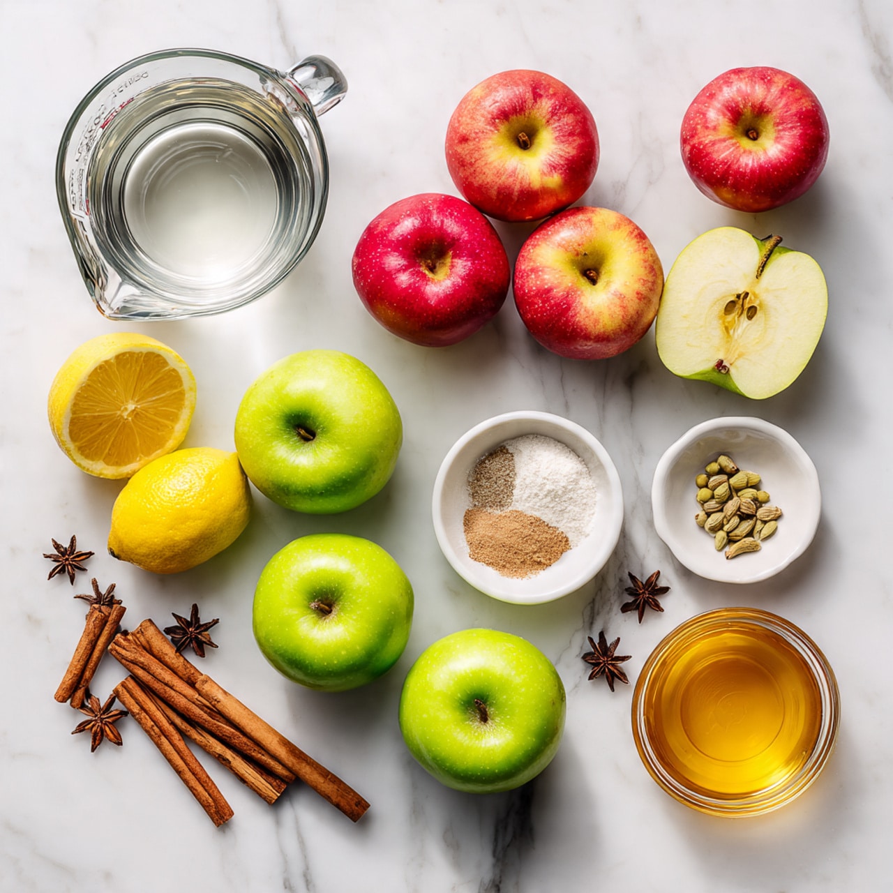 The image shows ingredients for a fresh apple spice drink laid out on a white marbled surface. There is a clear glass measuring cup filled with water placed at the top left. To the right, there are five whole red apples with one cut into quarters showing a creamy white inside. Below that are four green apples, with two cut in halves revealing their light inside. To the left bottom side, two lemons are shown, one whole and one cut in half with a bright yellow juicy center. Four cinnamon sticks lie near the top middle right, while two small white bowls hold powdered ginger and whole cloves. Several star anise pods are scattered near the small bowls. Finally, a small clear glass bowl with golden honey is near the bottom right. The overall colors are bright and fresh with white and natural tones photo taken with an iphone --ar 4:5 --v 7