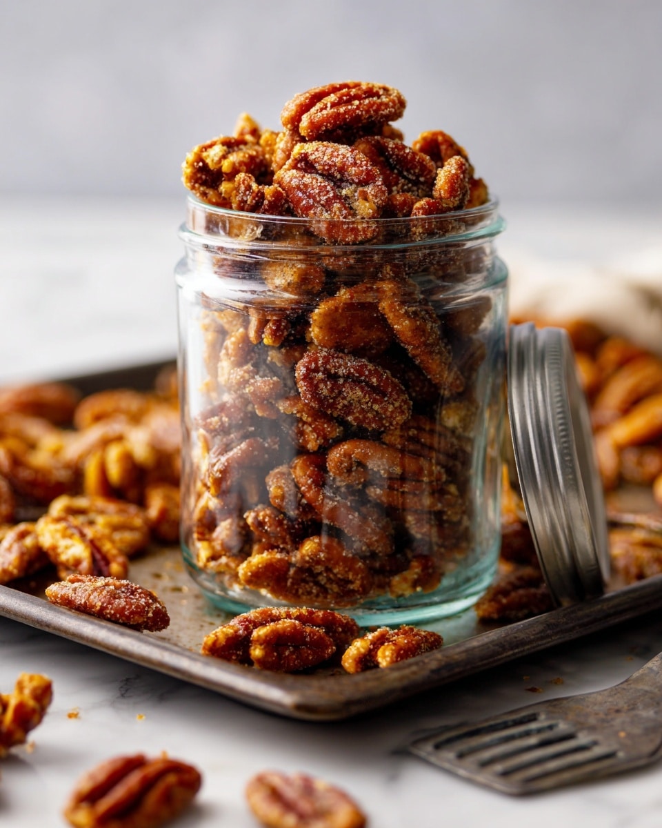 A clear glass jar filled with a large pile of brown candied pecans with a rough, sugary texture sits on a white marbled surface. Around the jar, more candied pecans are scattered unevenly, showing their crunchy, crumbly coating in shades of brown. The jar's metal clasp is open, and the glass lid is tilted back, resting near the top right side, while a slotted spatula with brown tones lies near the bottom right, partially blurred. The focus is mainly on the jar and its contents showing the crunchy surface detail of the pecans clearly. photo taken with an iphone --ar 4:5 --v 7