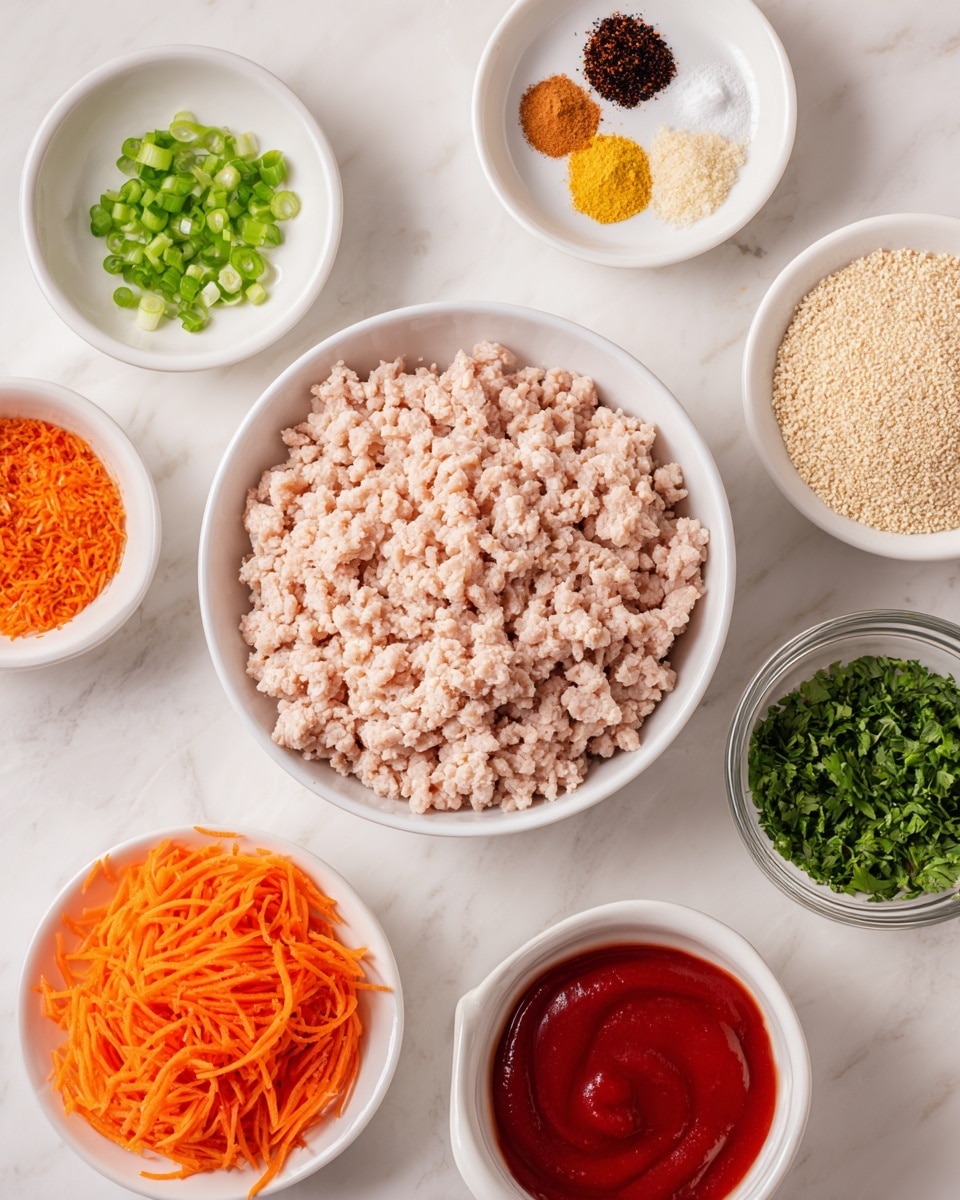 The image shows a white bowl in the center filled with raw ground meat, light pink and textured with strands piled loosely. Around it are six smaller white bowls and glasses arranged on a white marbled surface. Clockwise from the top left, there's a white bowl with bright green chopped scallions, a white bowl with bright red sauce, a white dish divided into five parts with different spices—bright red, pale yellow, white salt, black pepper, and beige powder—, a white bowl with chopped fresh green herbs, a clear glass bowl filled with light beige breadcrumbs, and a clear glass containing a thick reddish-orange sauce. The overall setting is neat and clean with fresh ingredients. Photo taken with an iphone --ar 4:5 --v 7